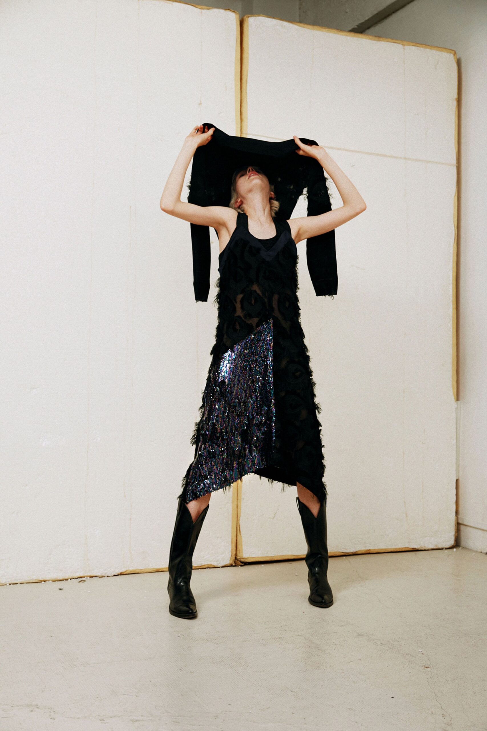 black silk sleeveless v-neck fitted layered fringed dress