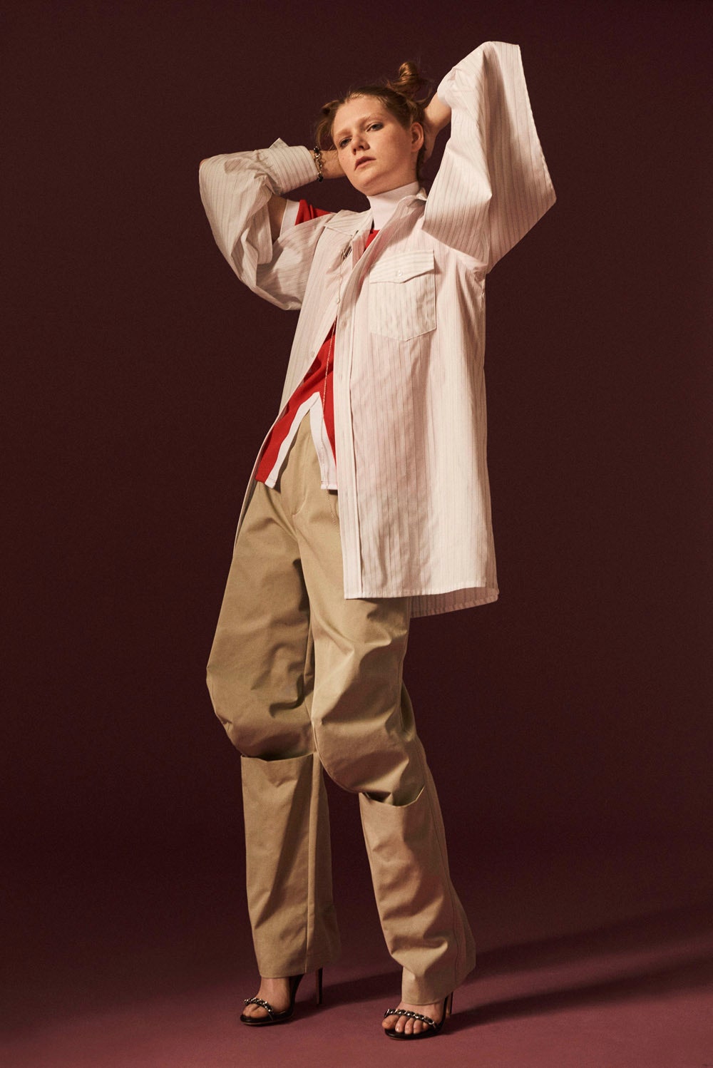relaxed white shirt and beige pants