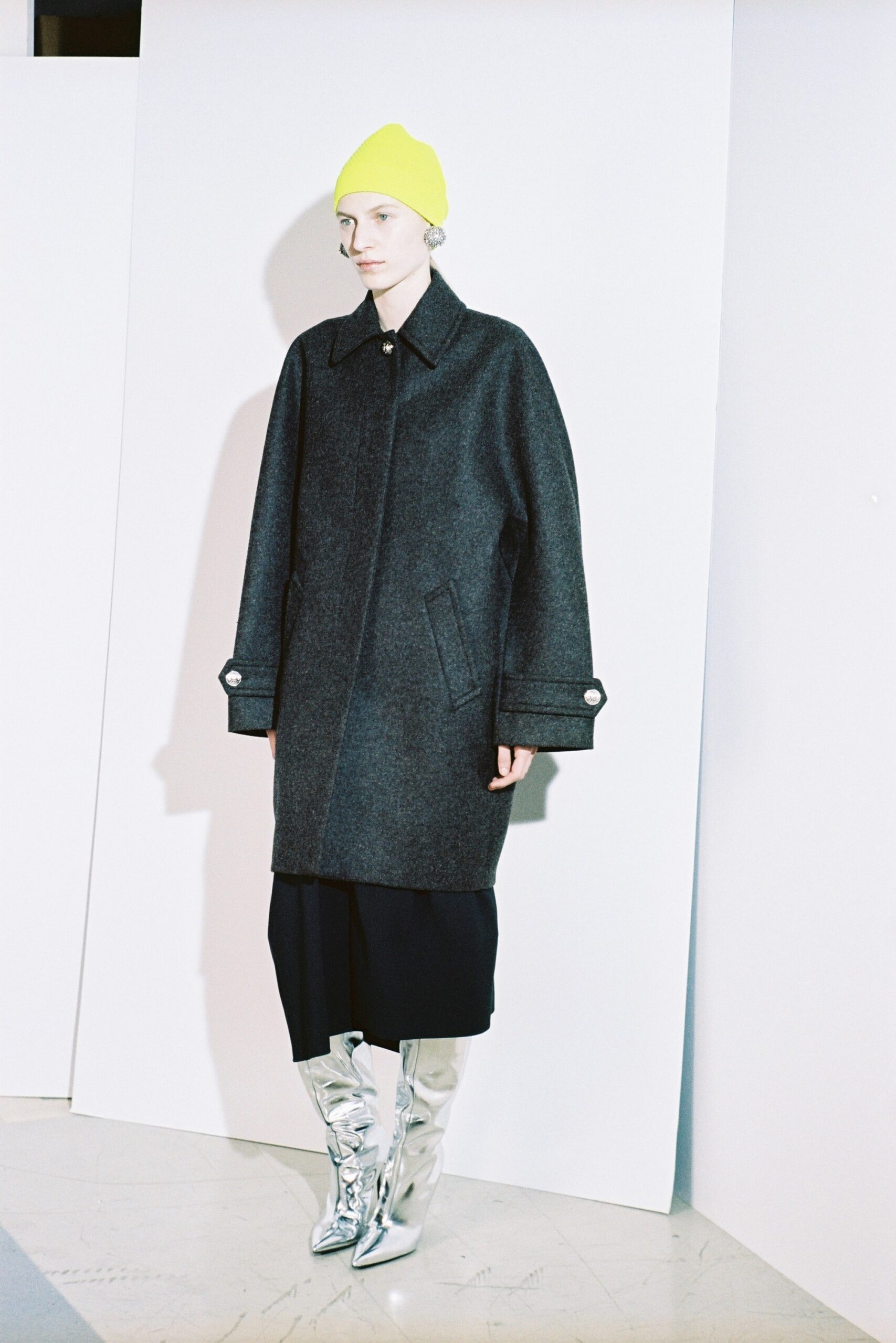 gray oversized coat with silver boots