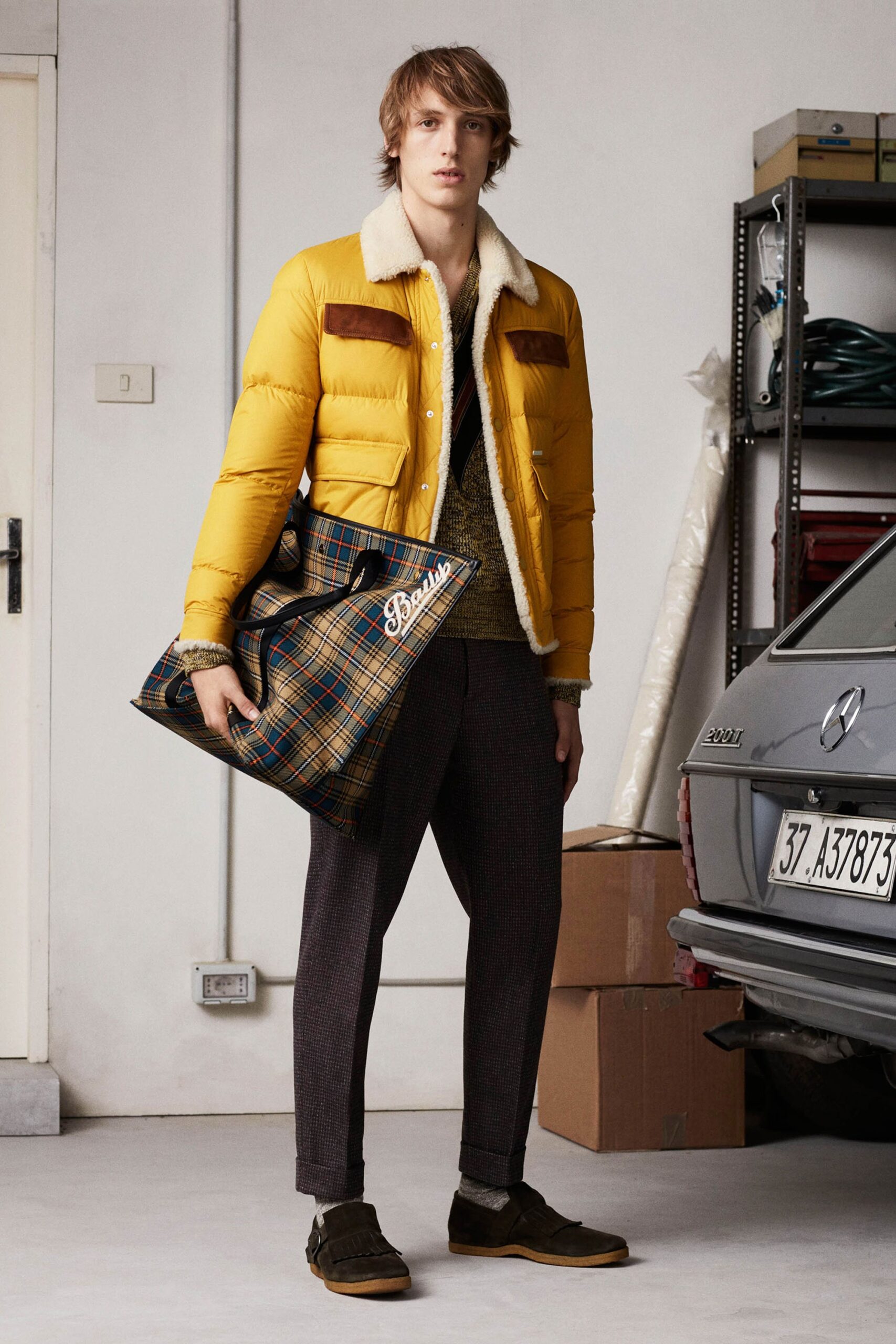 yellow jacket gray pants