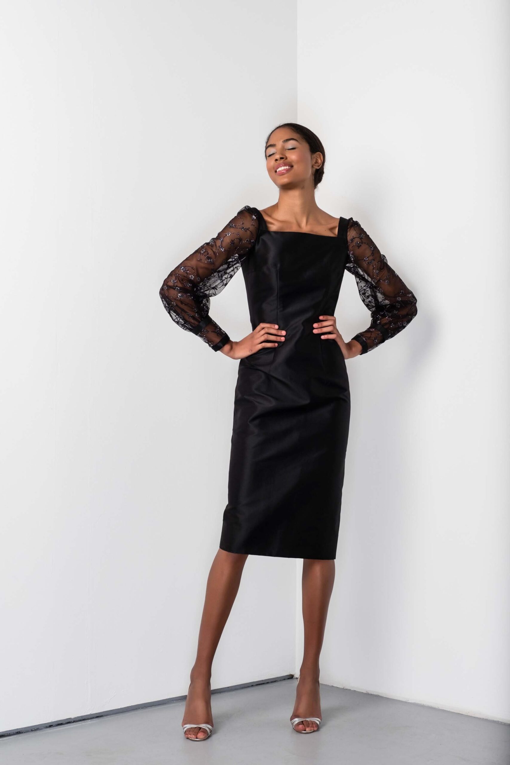 black silk long-sleeve dress