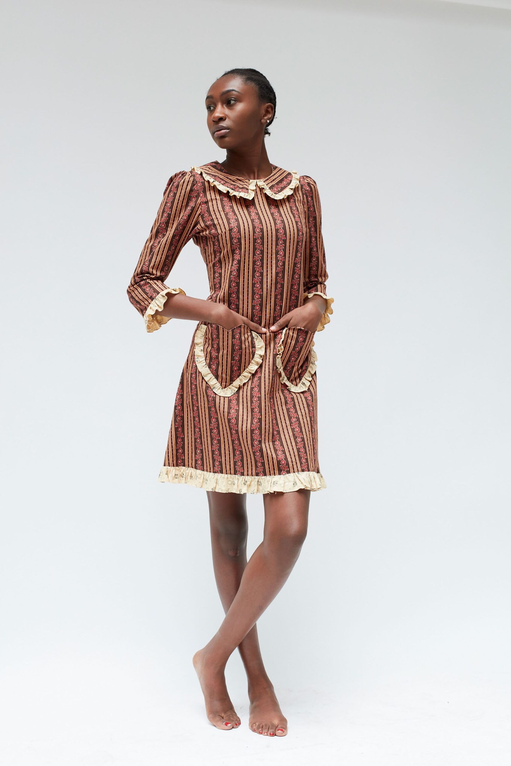 brown striped short dress