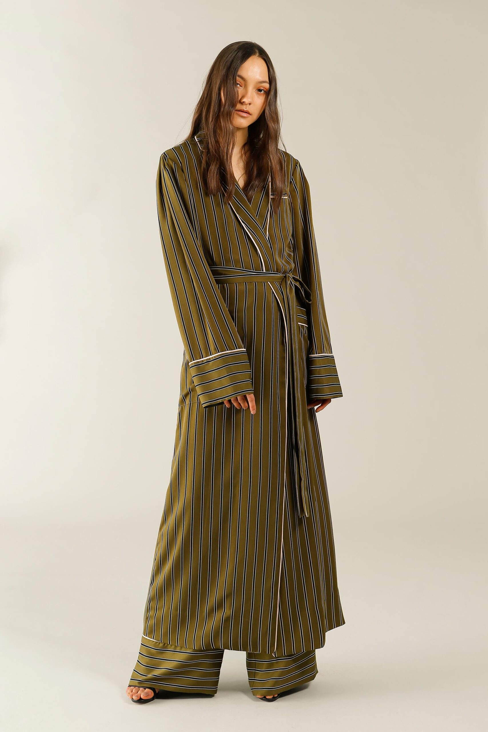 green striped silk gown with wide-leg pants