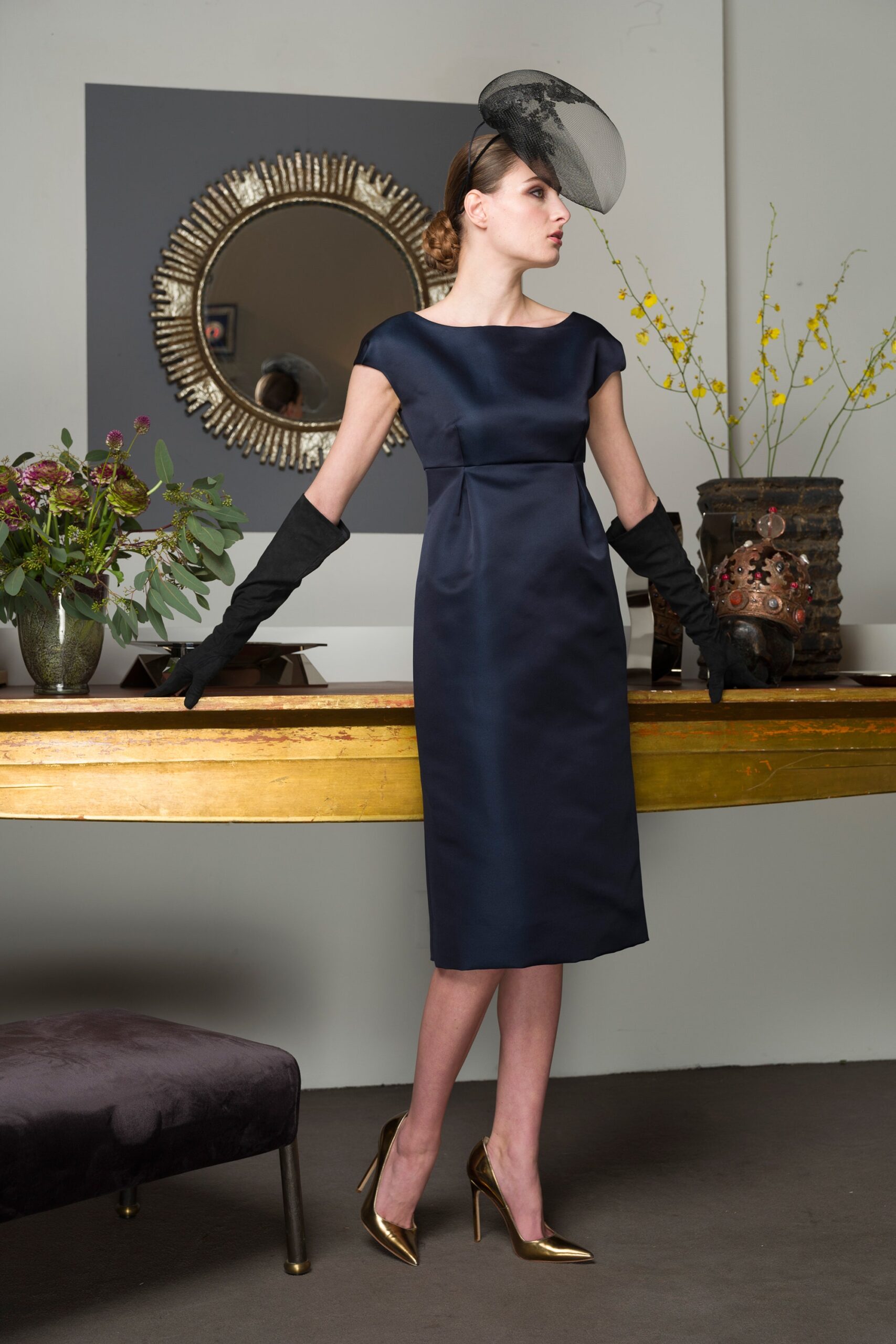 blue silk fitted midi dress