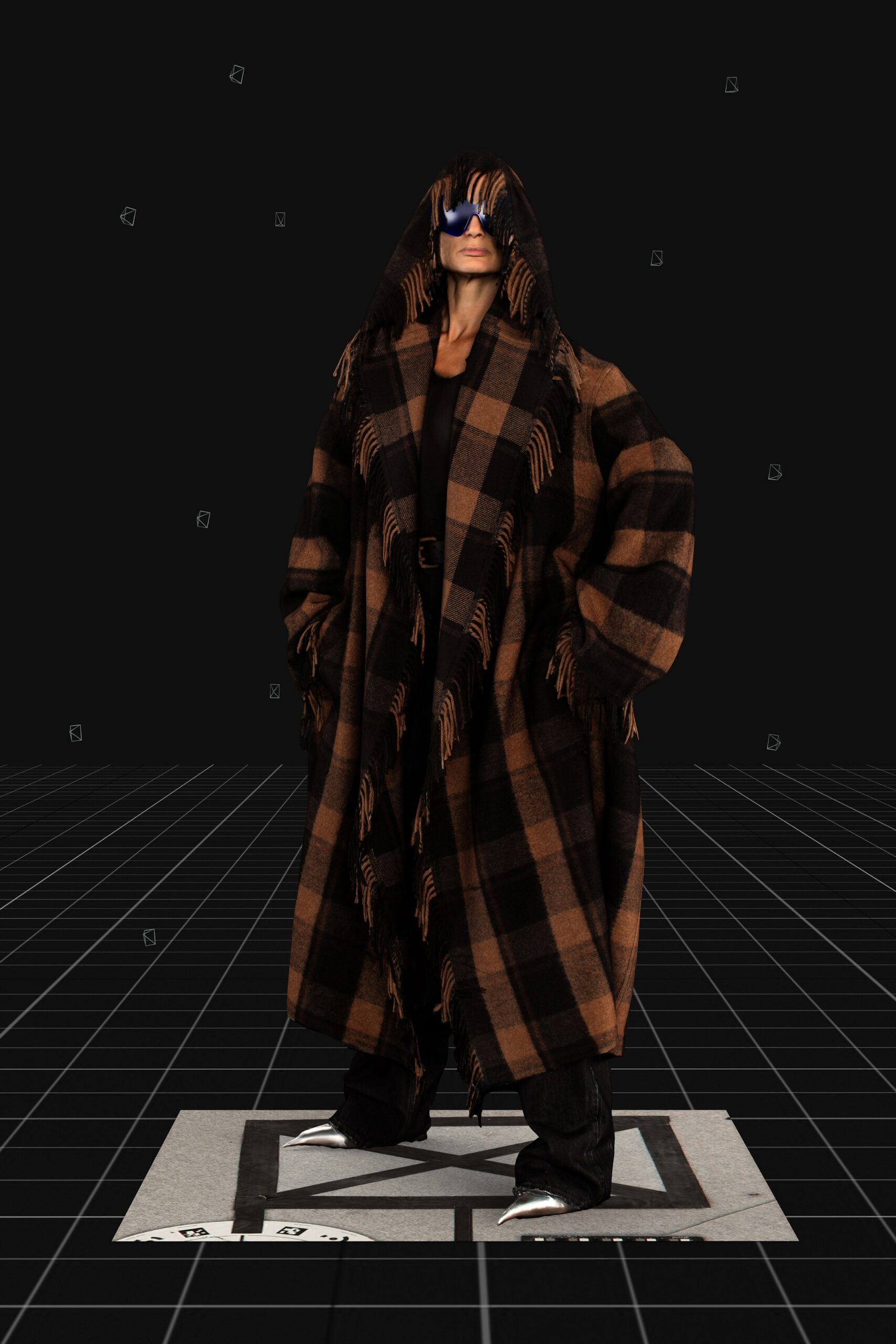brown wool long-sleeve hooded oversized checked fringed coat
