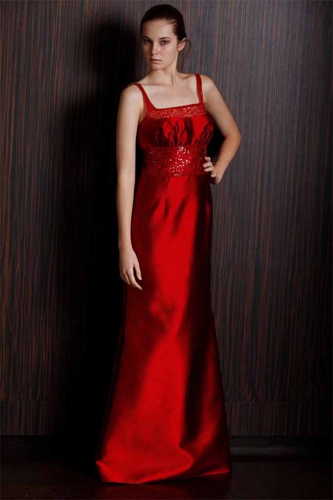 red satin sleeveless gown