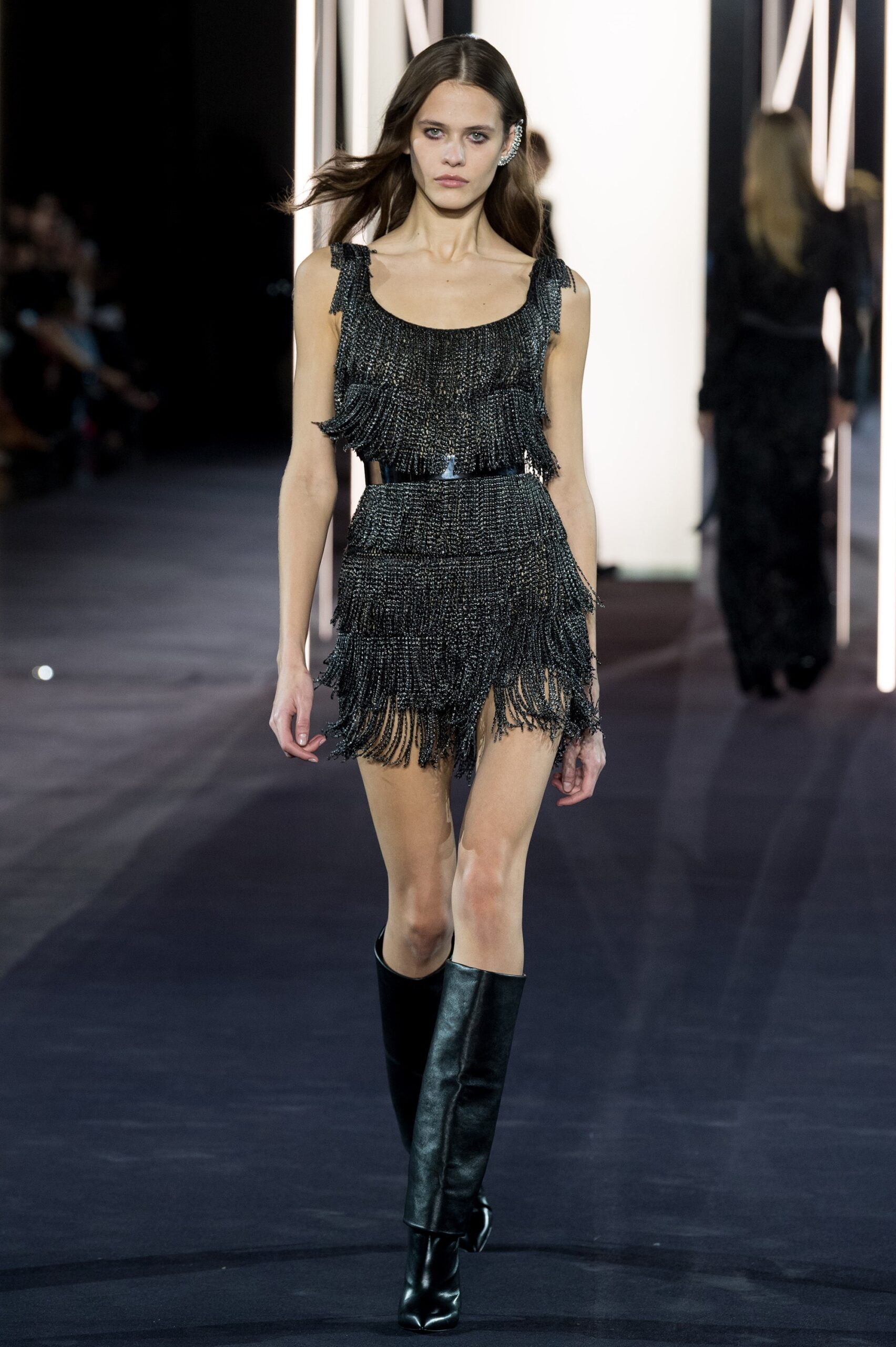 black fringed dress with boots