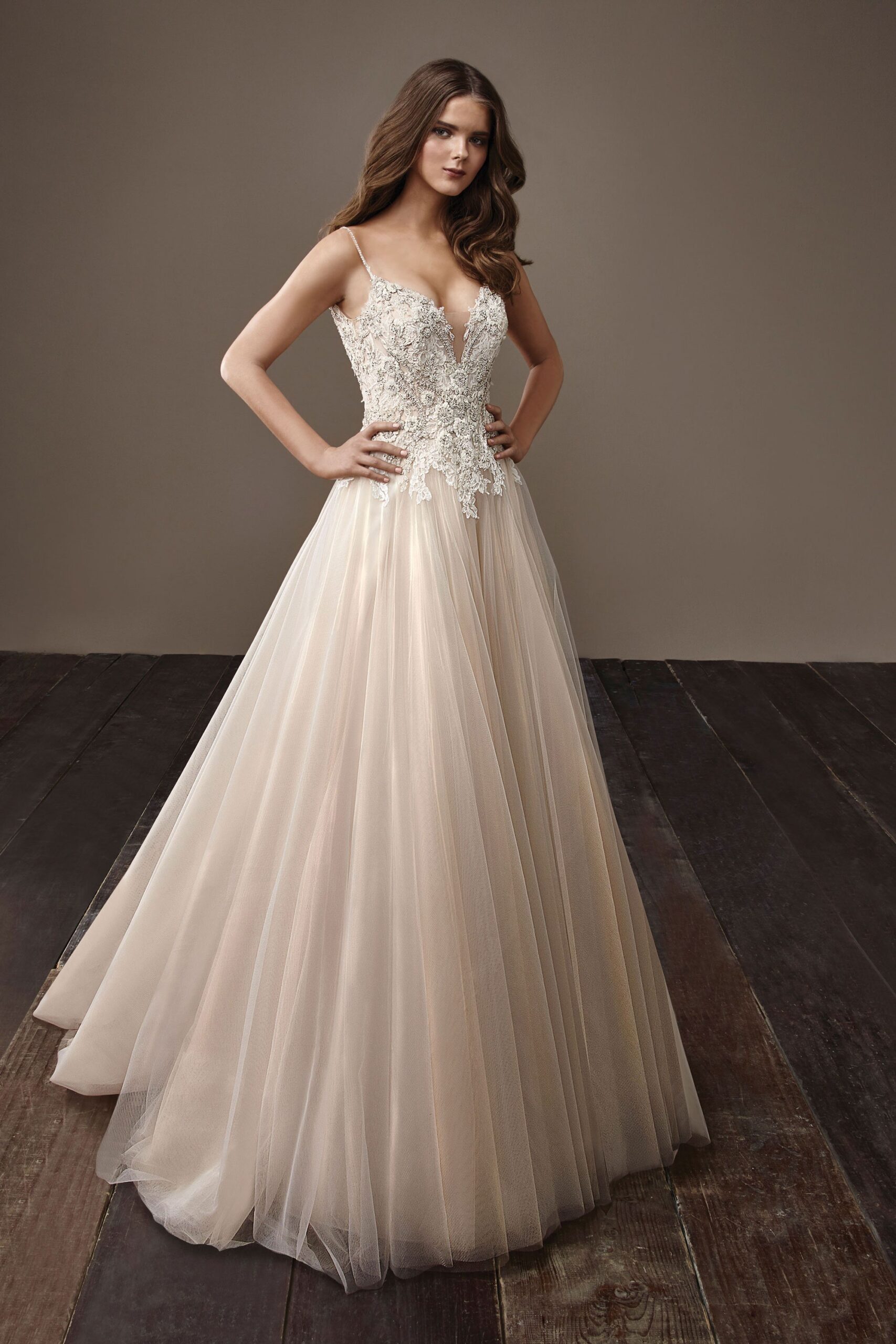 beige embroidered sleeveless gown