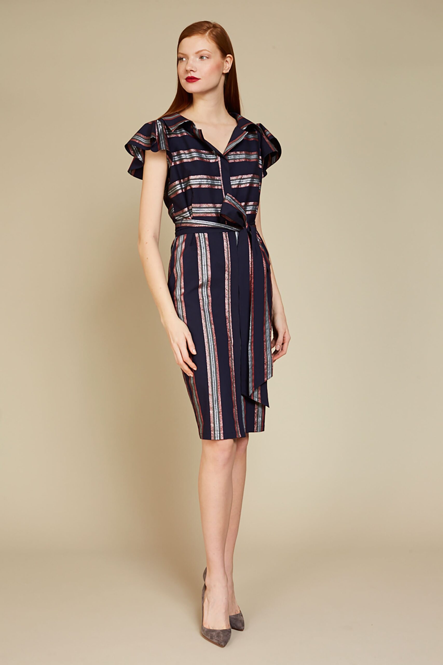 navy striped belted midi dress