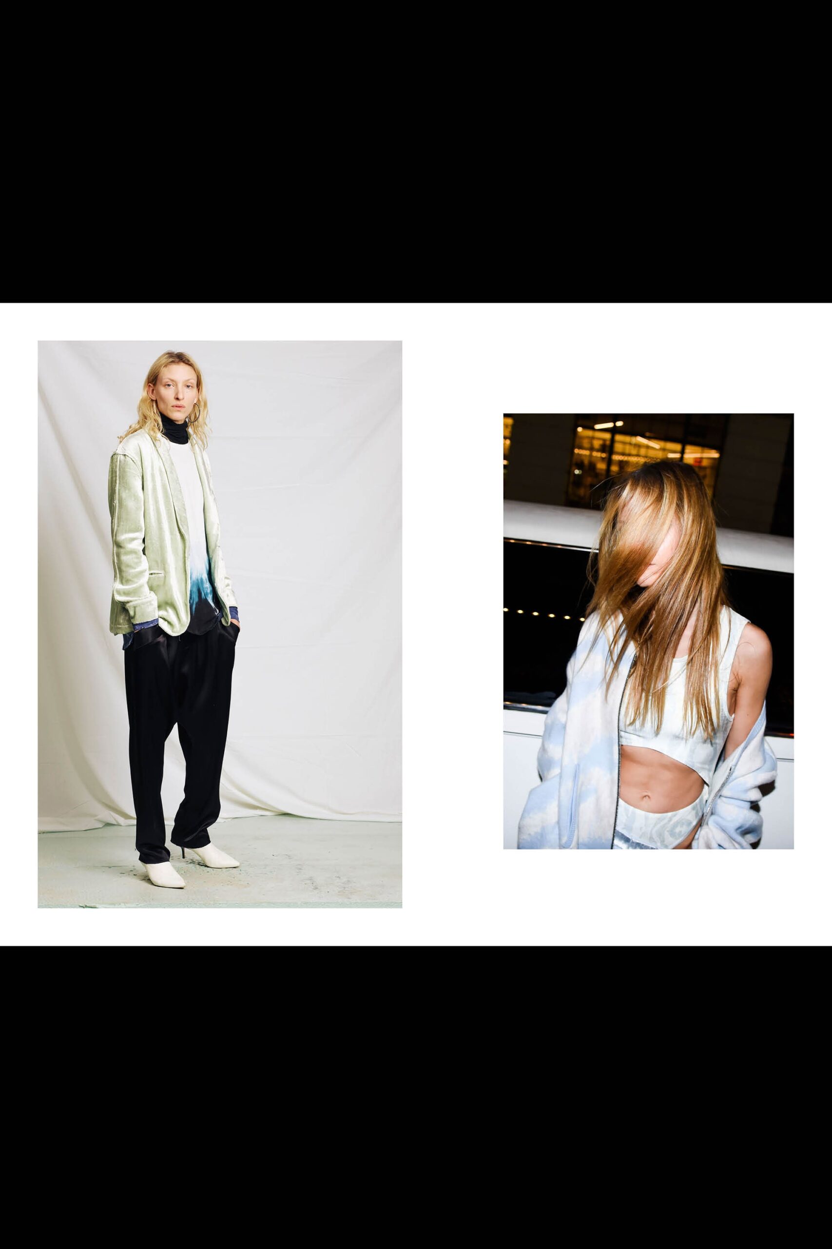 light blue silk jacket with black pants