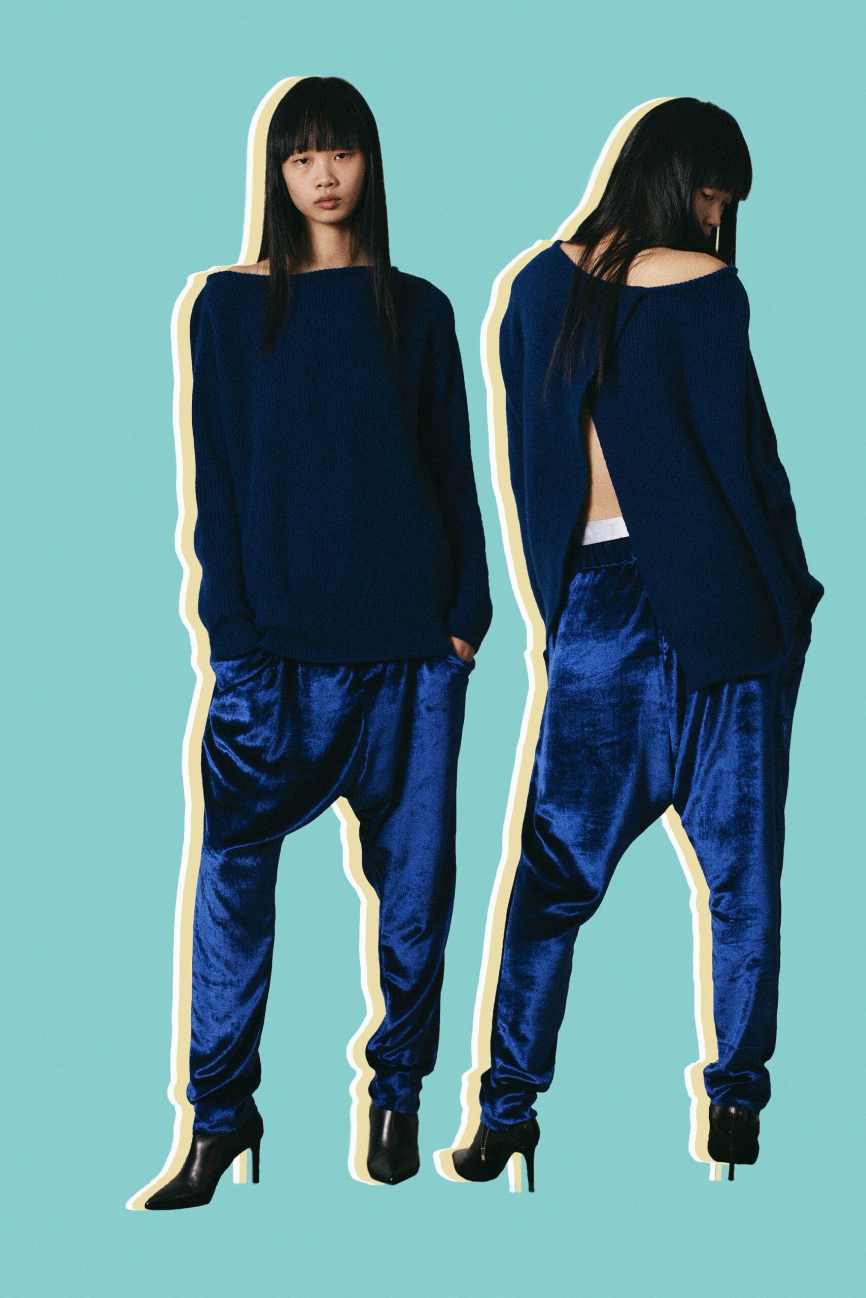 blue relaxed sweater and pants