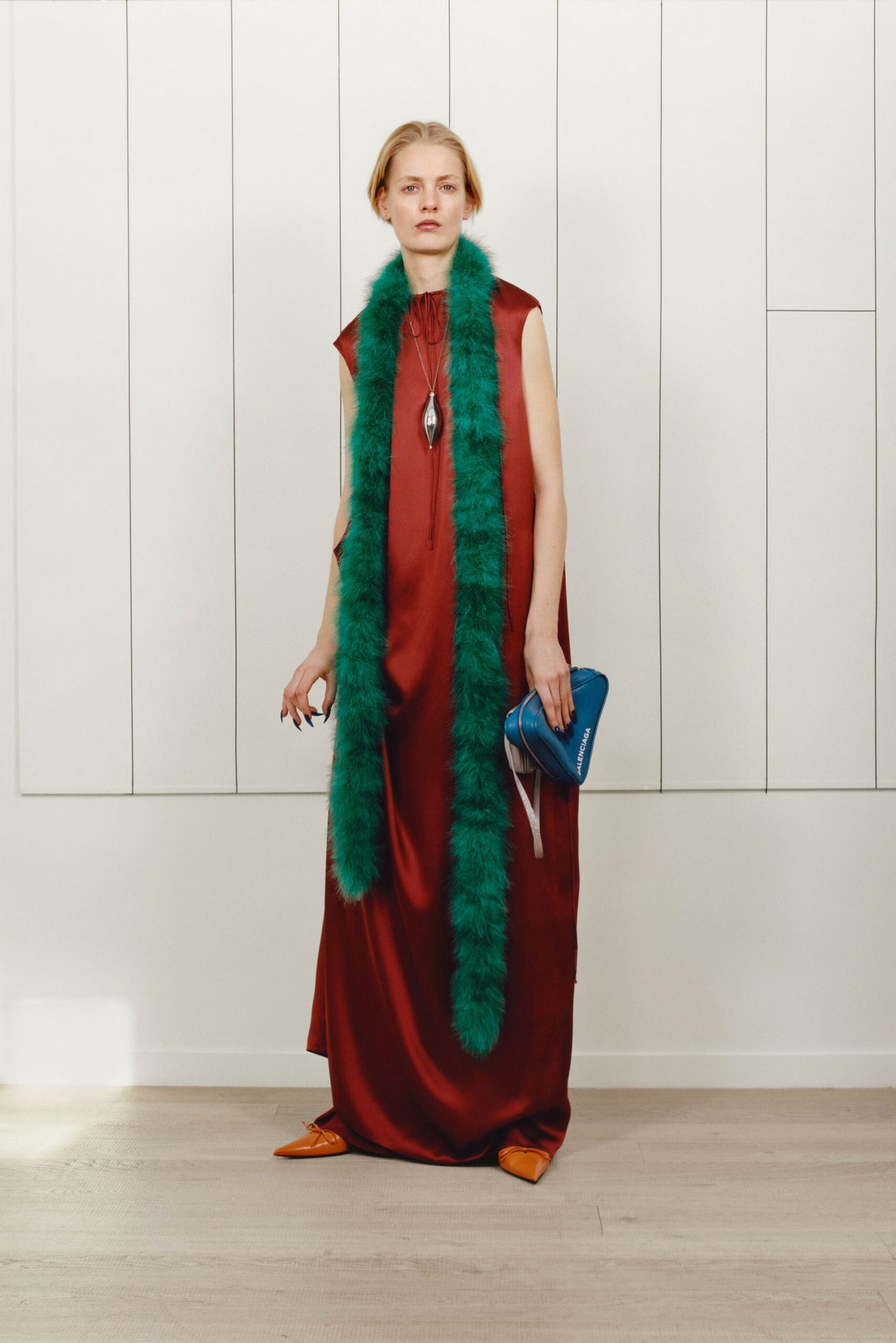 red silk maxi dress with green scarf