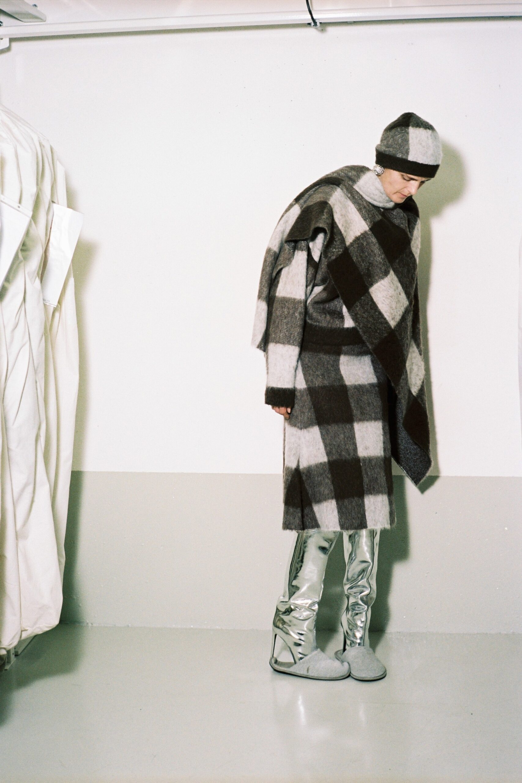 checked wool poncho and skirt