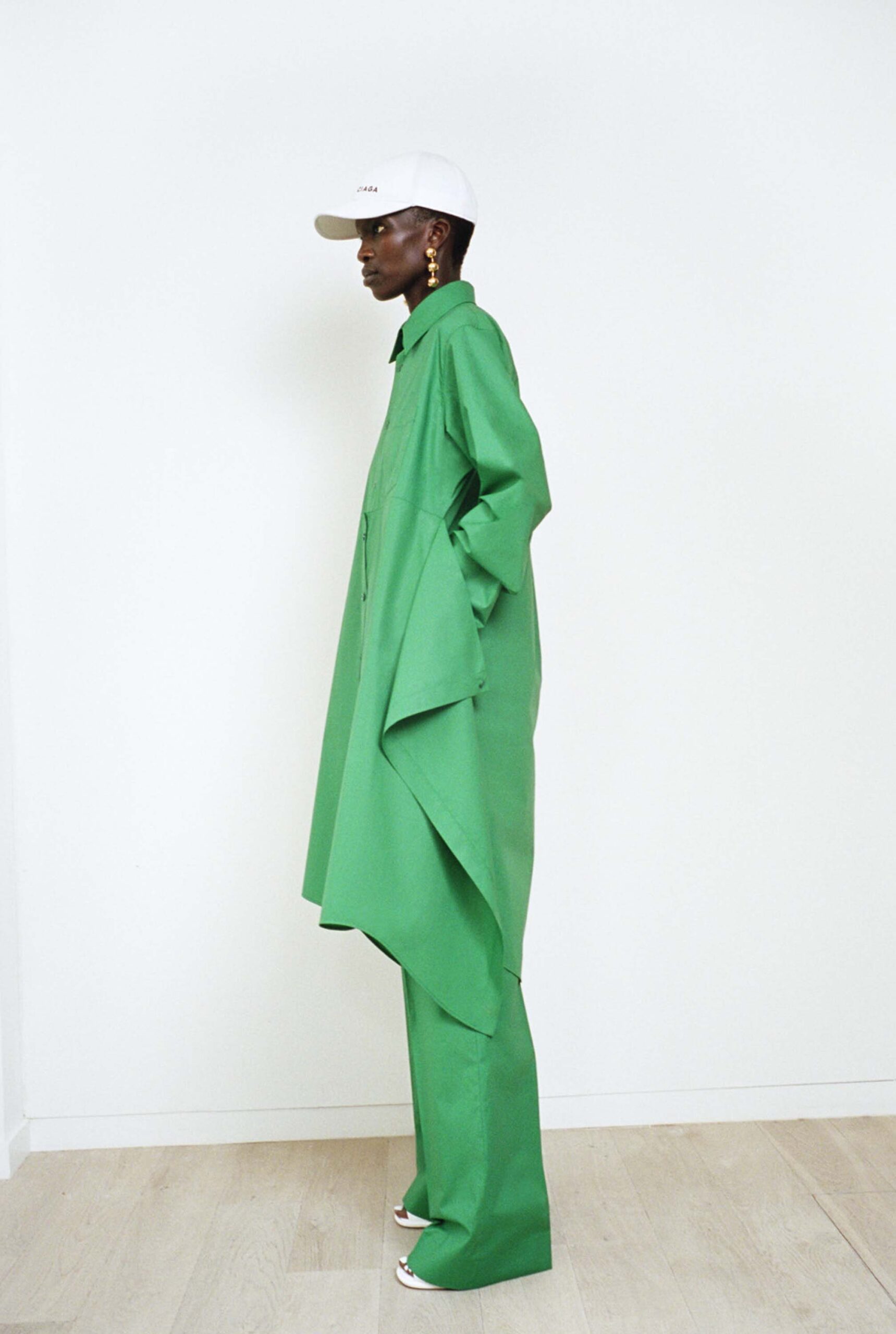 green cotton long-sleeve collared oversized midi shirt-dress