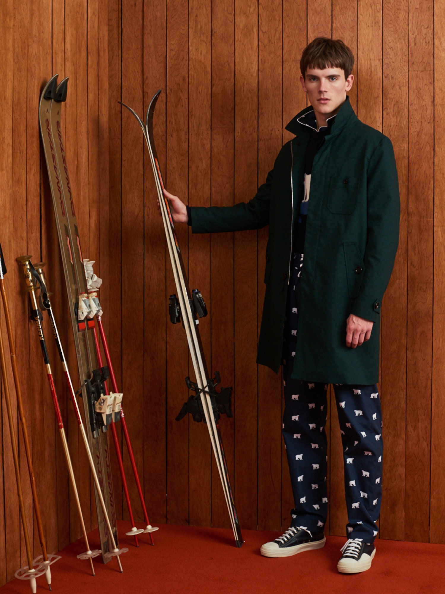 green wool coat with printed pants