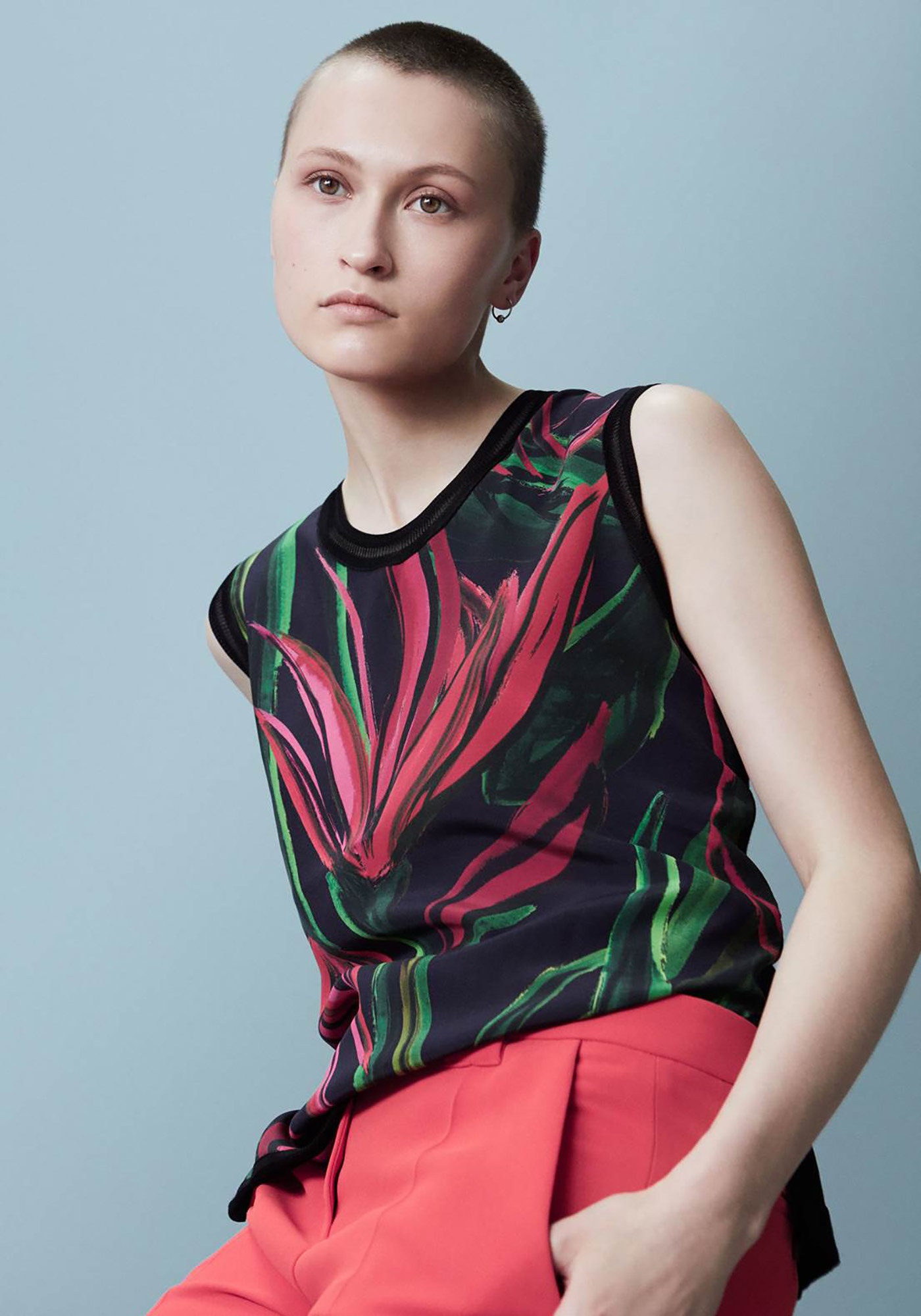 fitted floral top with tailored pants