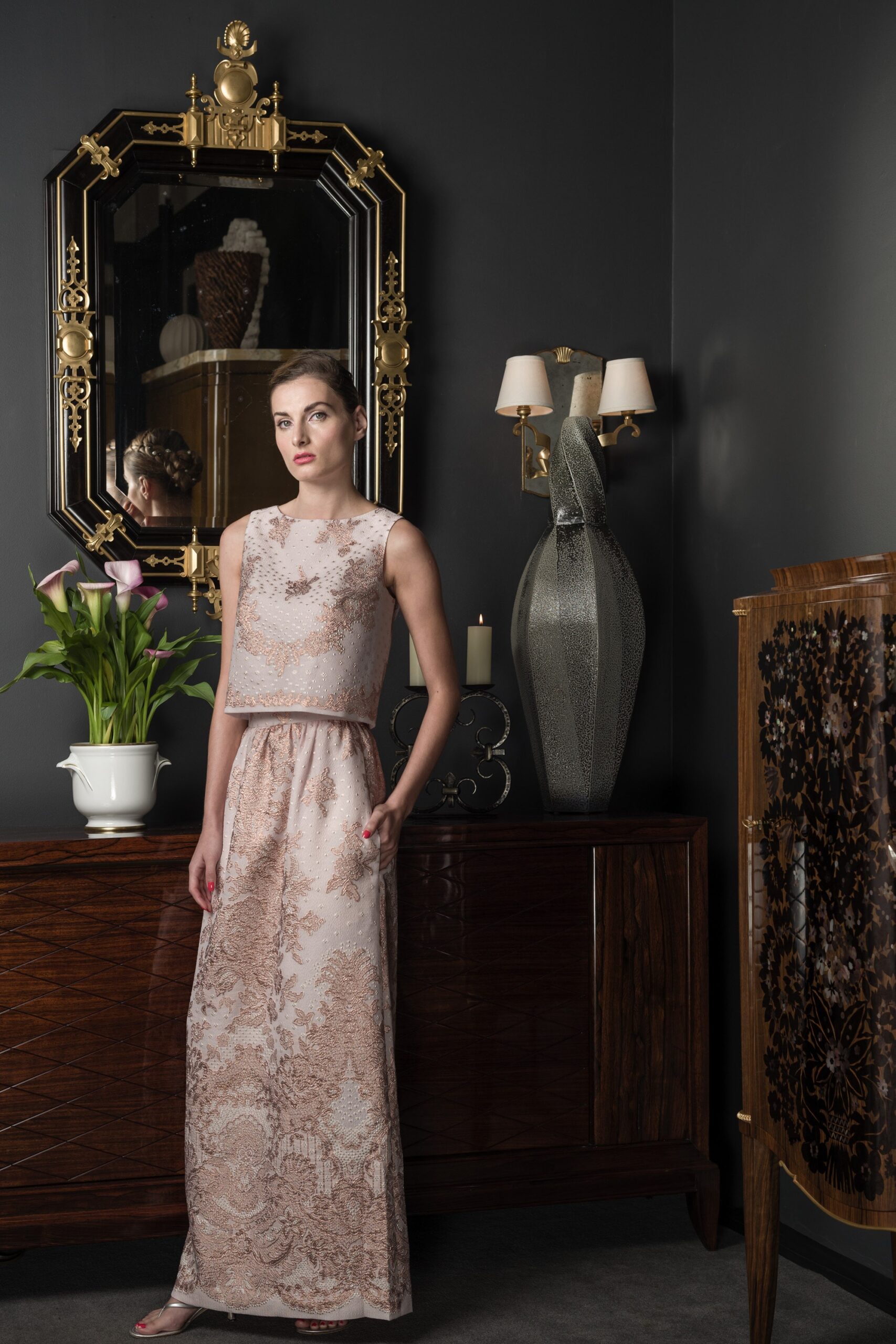 pink embroidered sleeveless gown