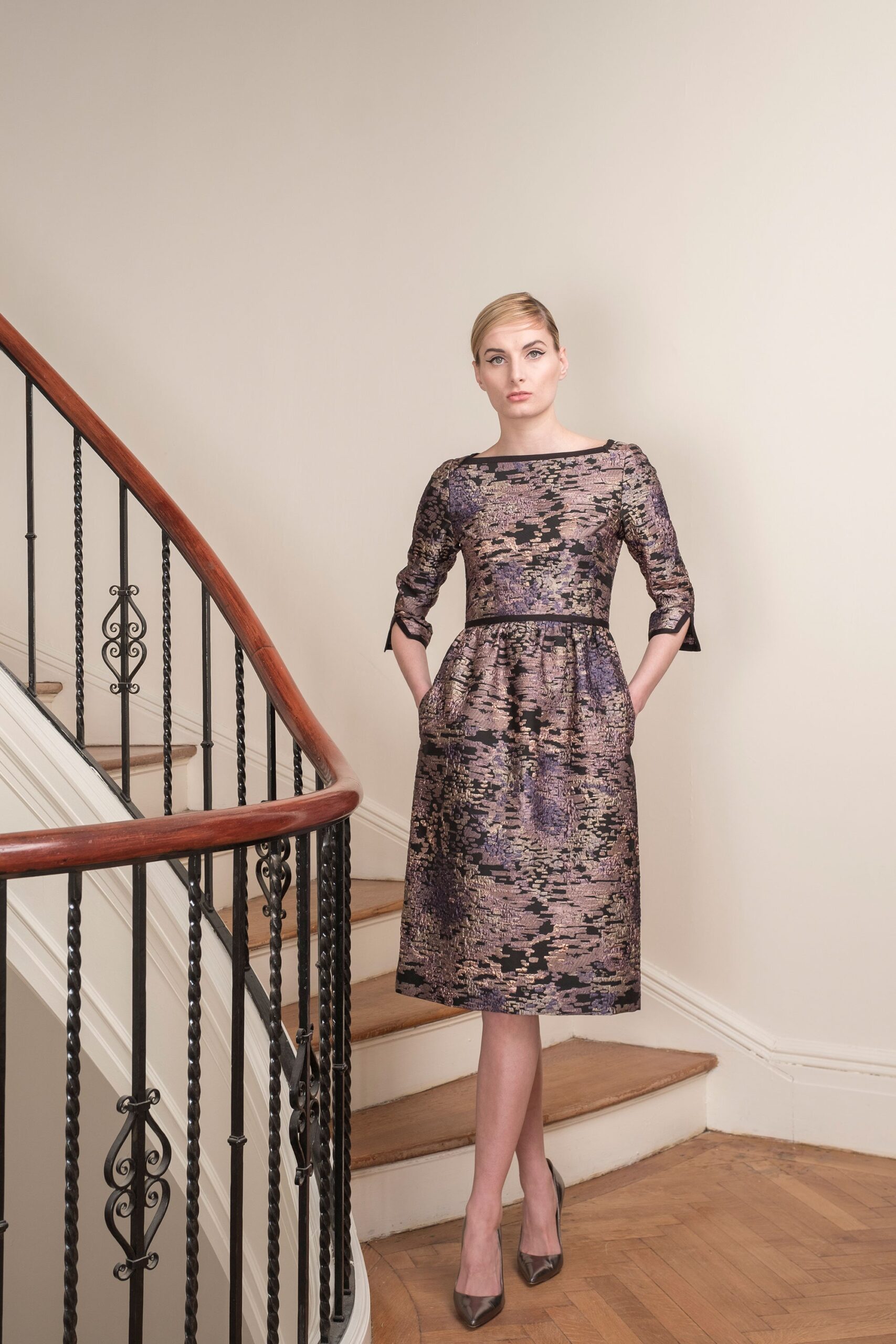purple and gold printed midi dress