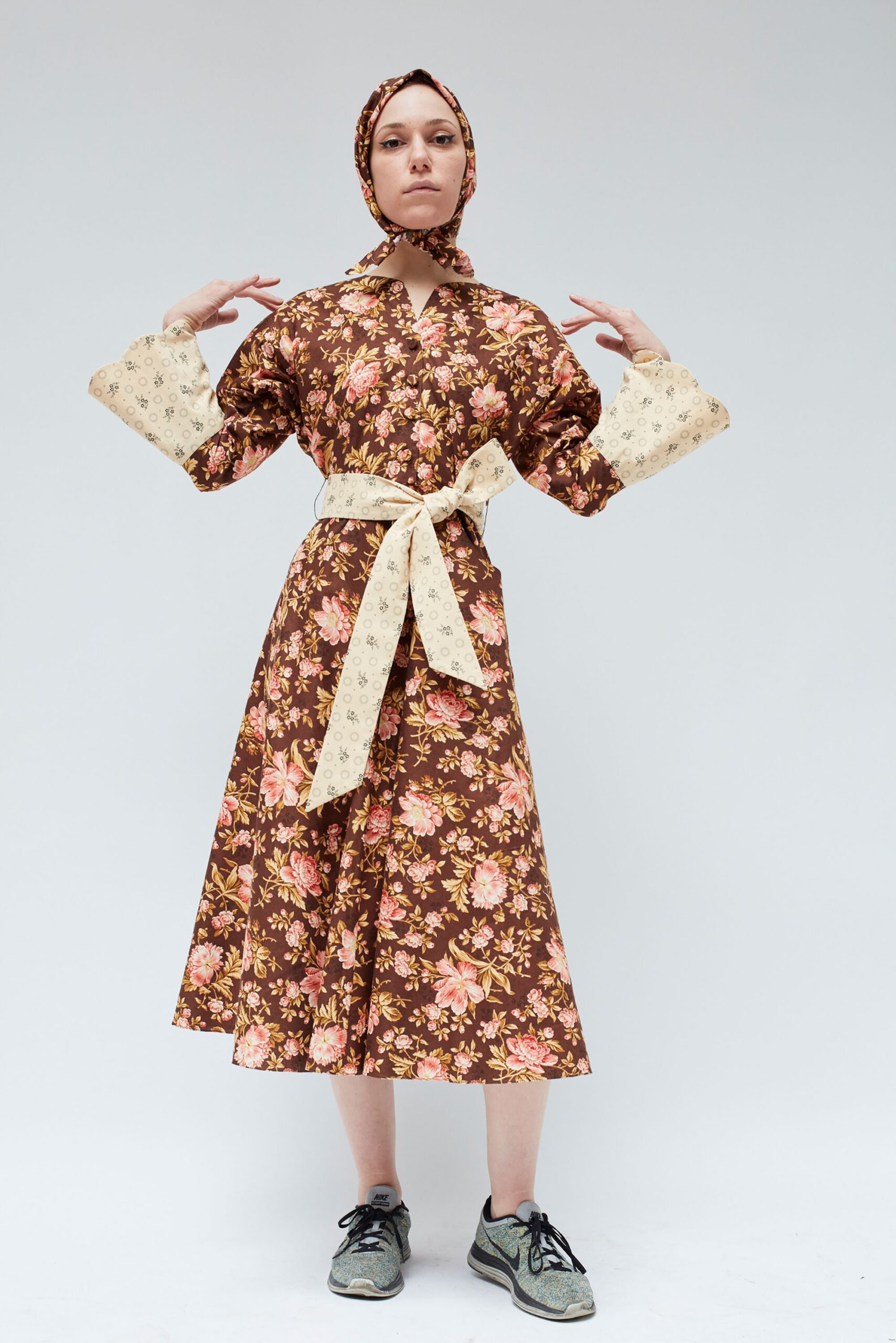 brown cotton long-sleeve collared fitted floral tiered dress