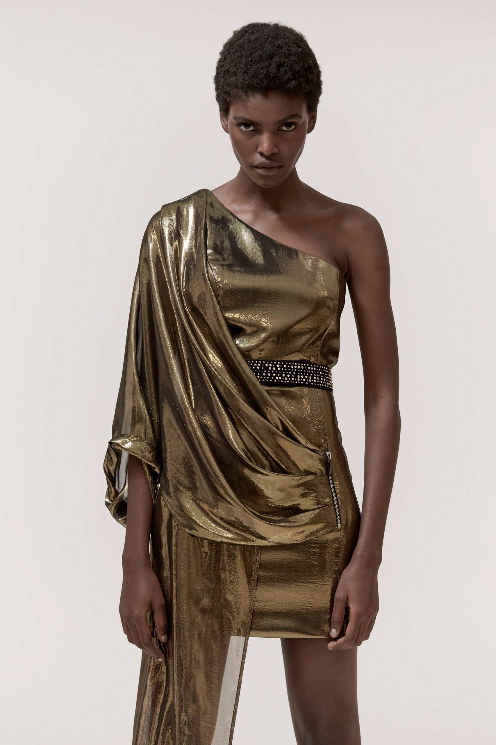 fitted gold metallic asymmetric dress