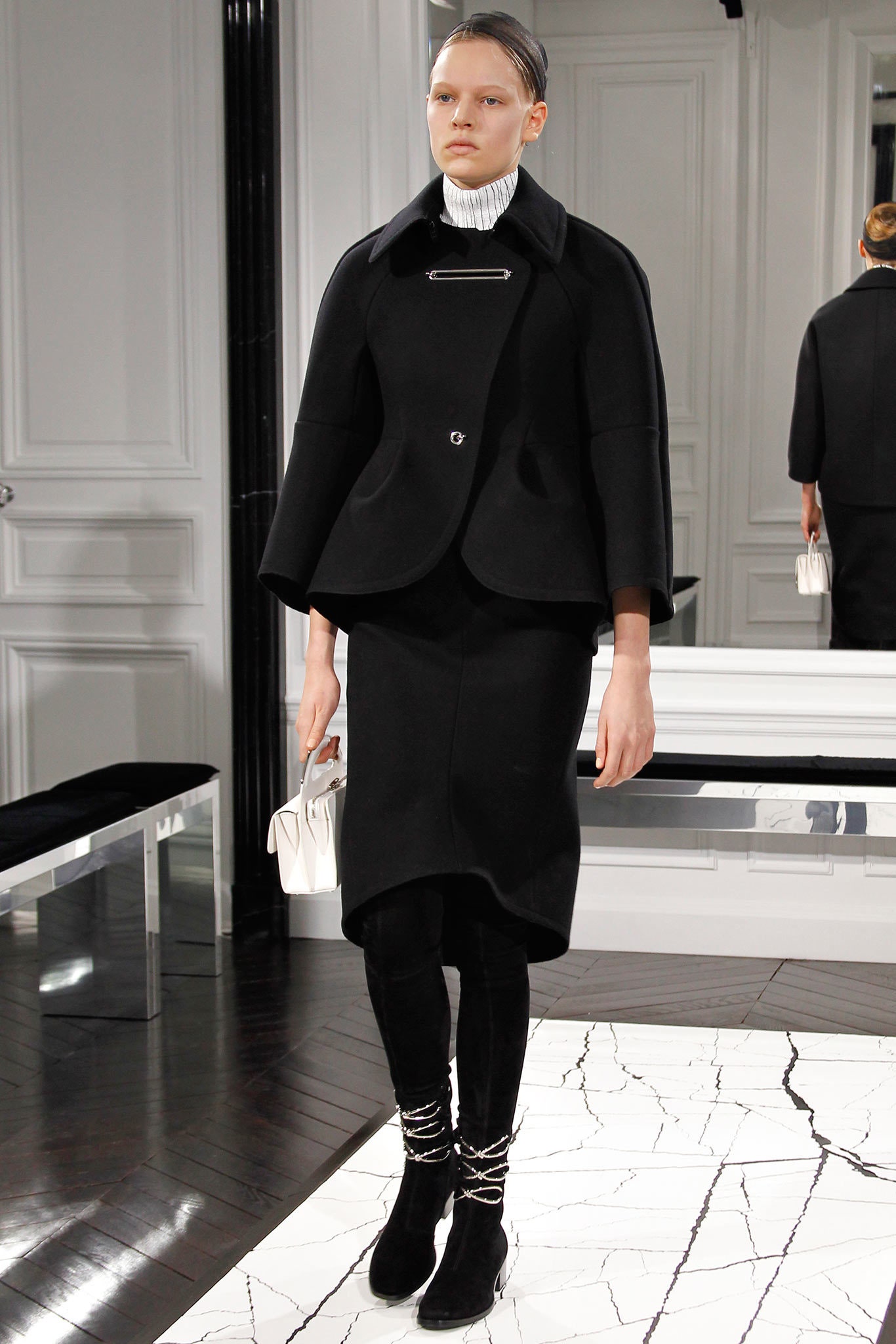 black structured jacket with pencil skirt