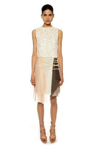 white and beige pleated dress