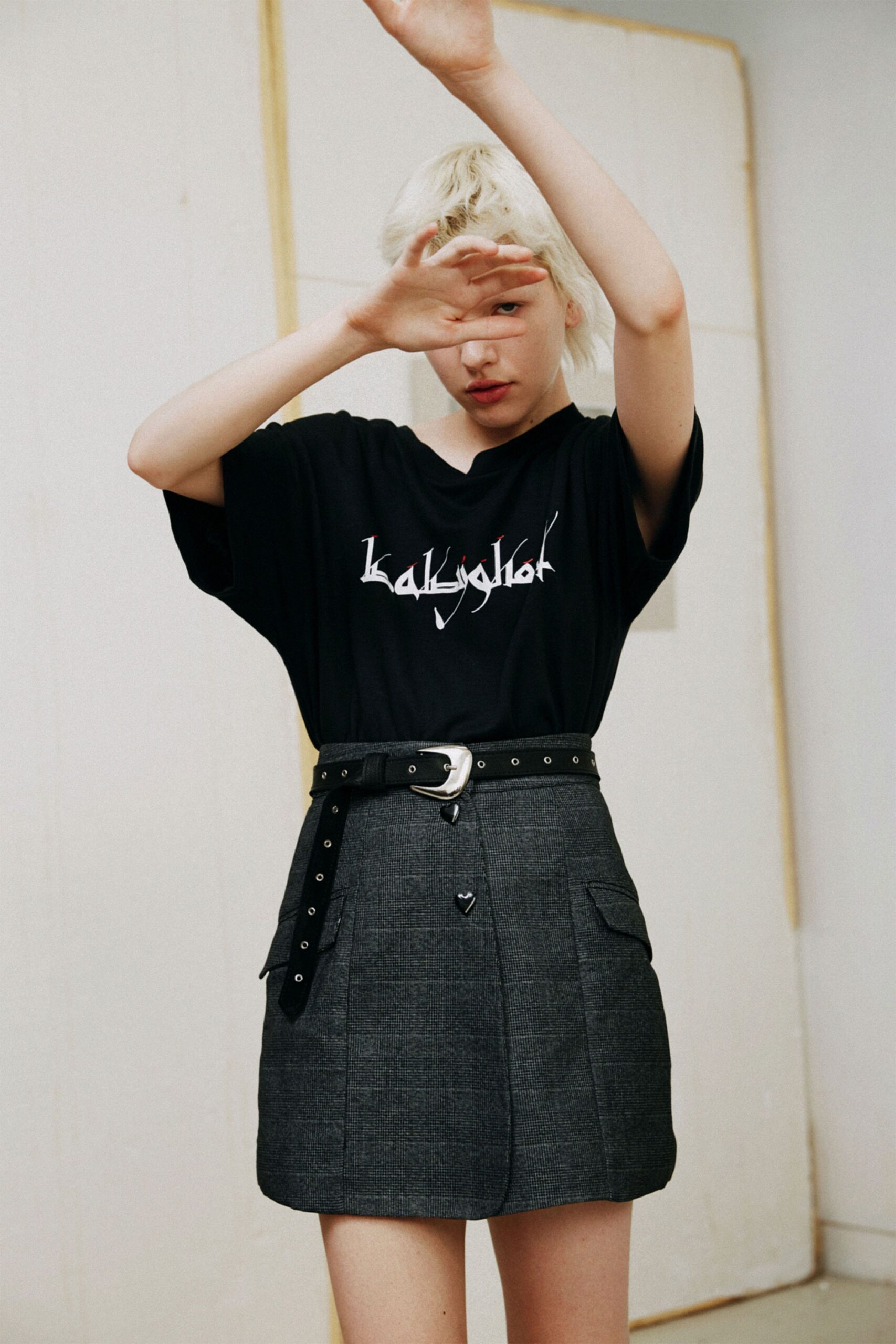 black t-shirt gray pencil skirt