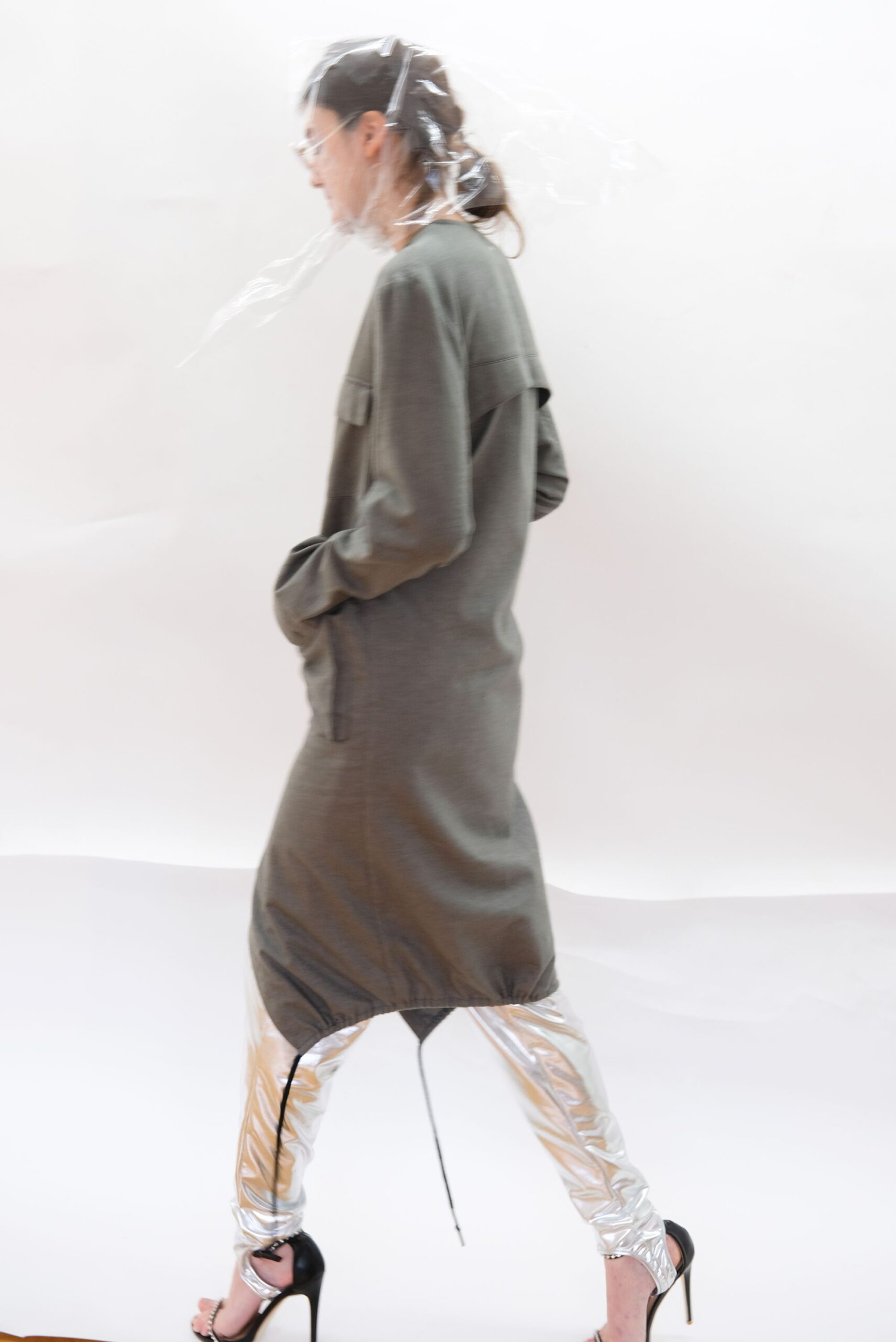 gray vinyl fitted straight-leg shiny pants