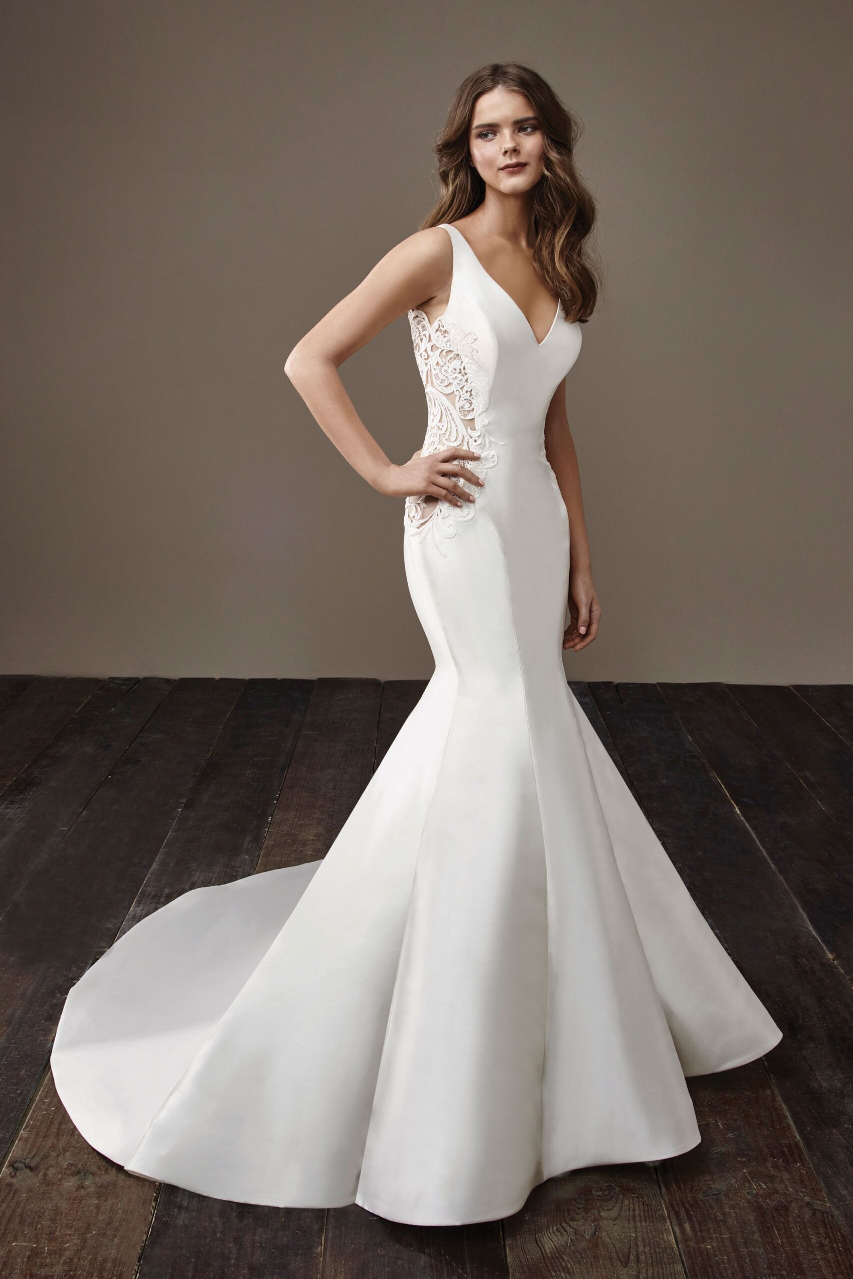 white silk fitted gown