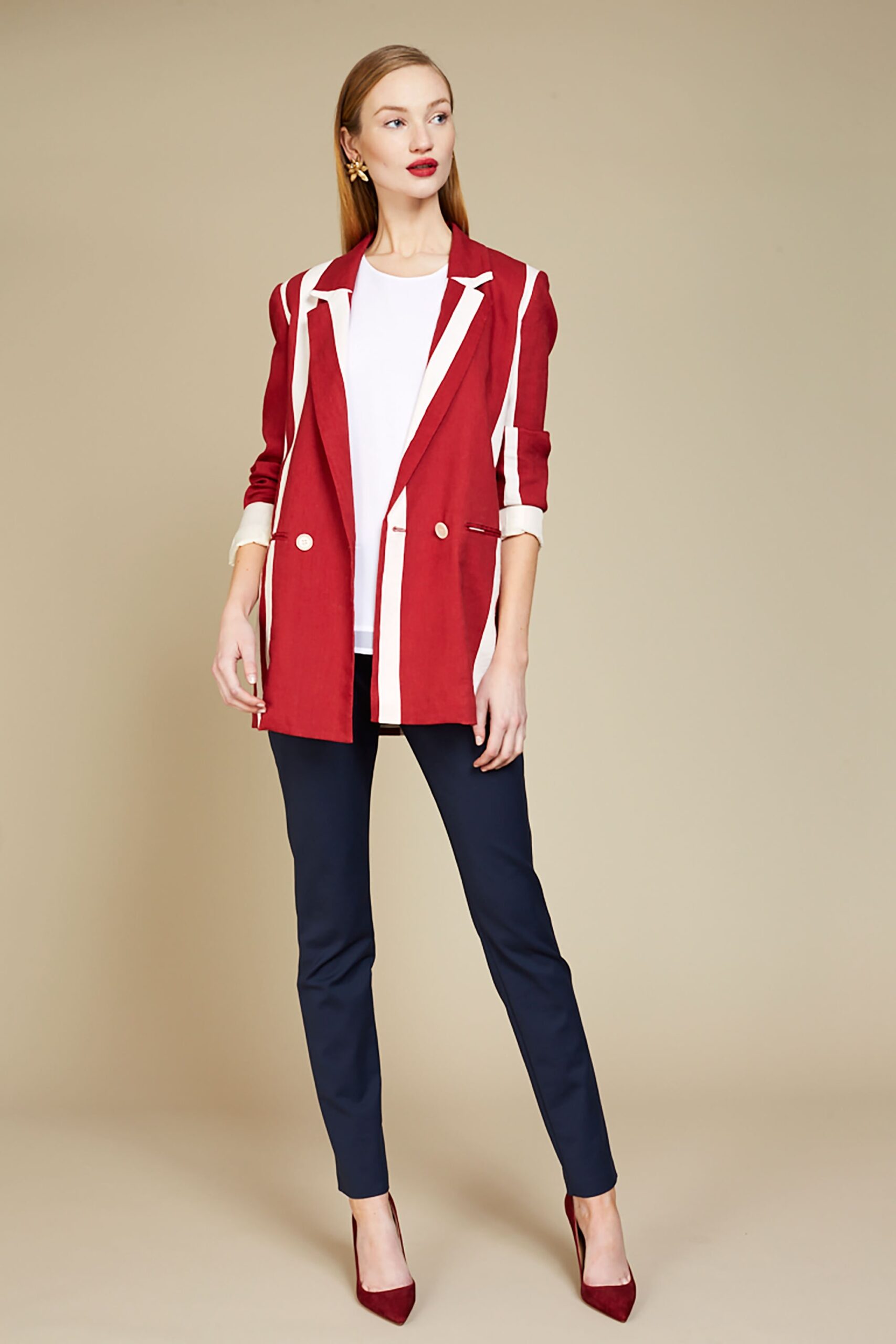 red and white tailored blazer