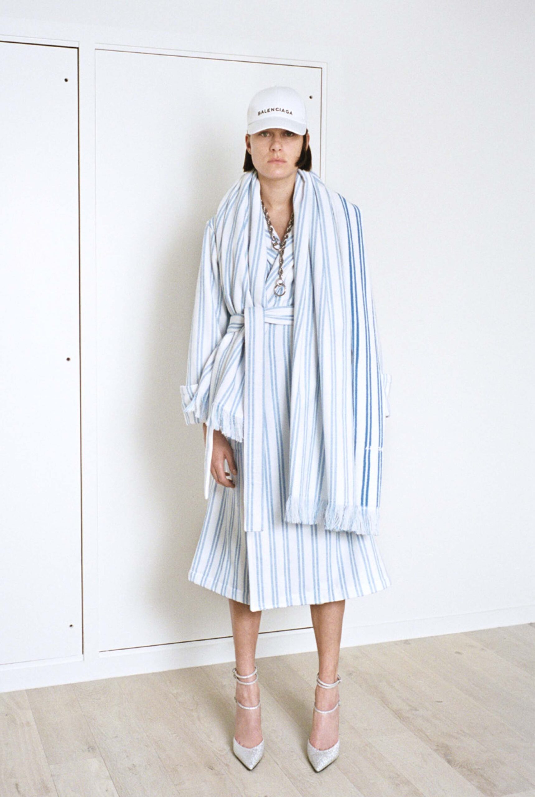 blue and white striped midi dress