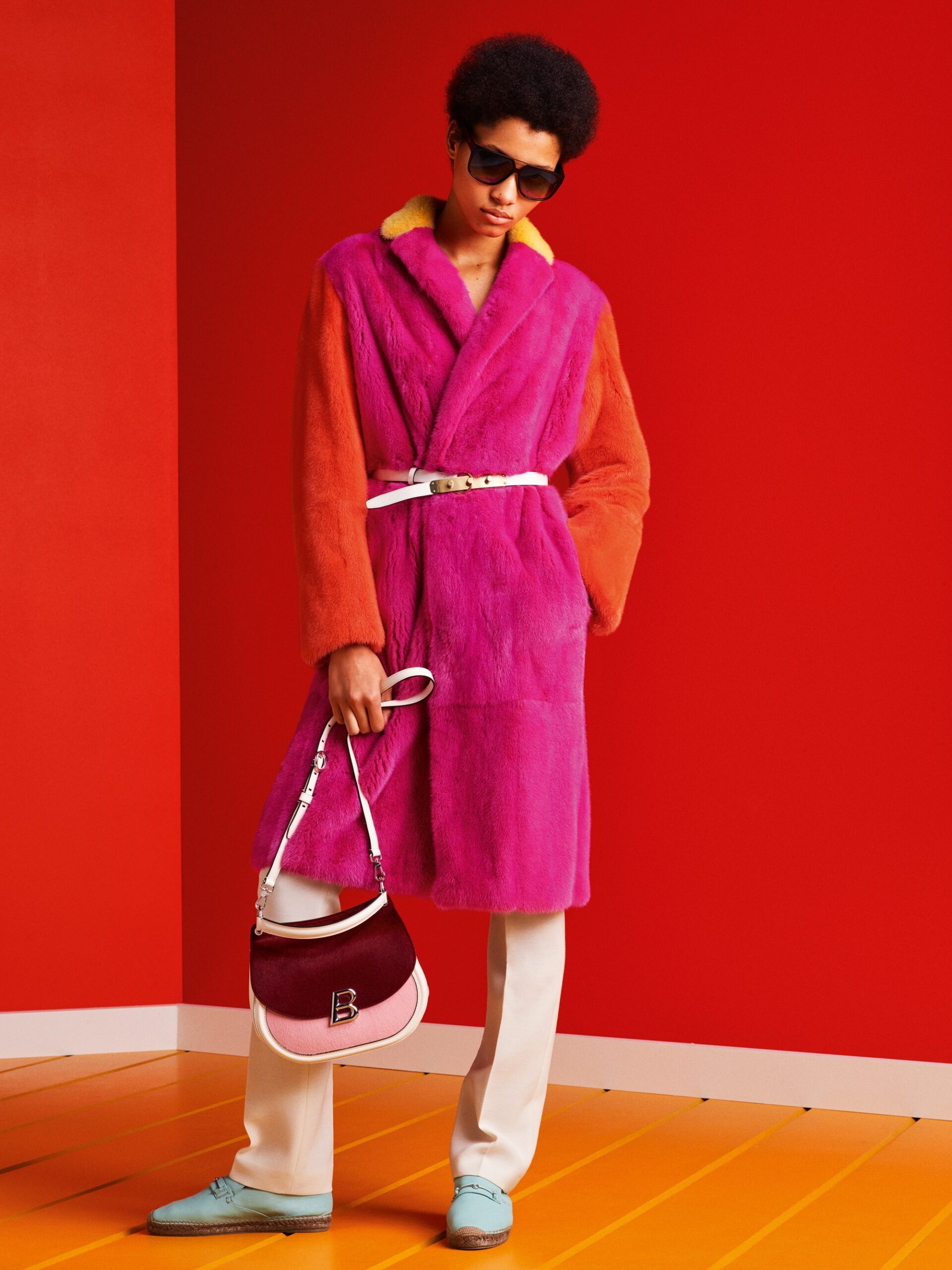 pink and orange faux-fur coat