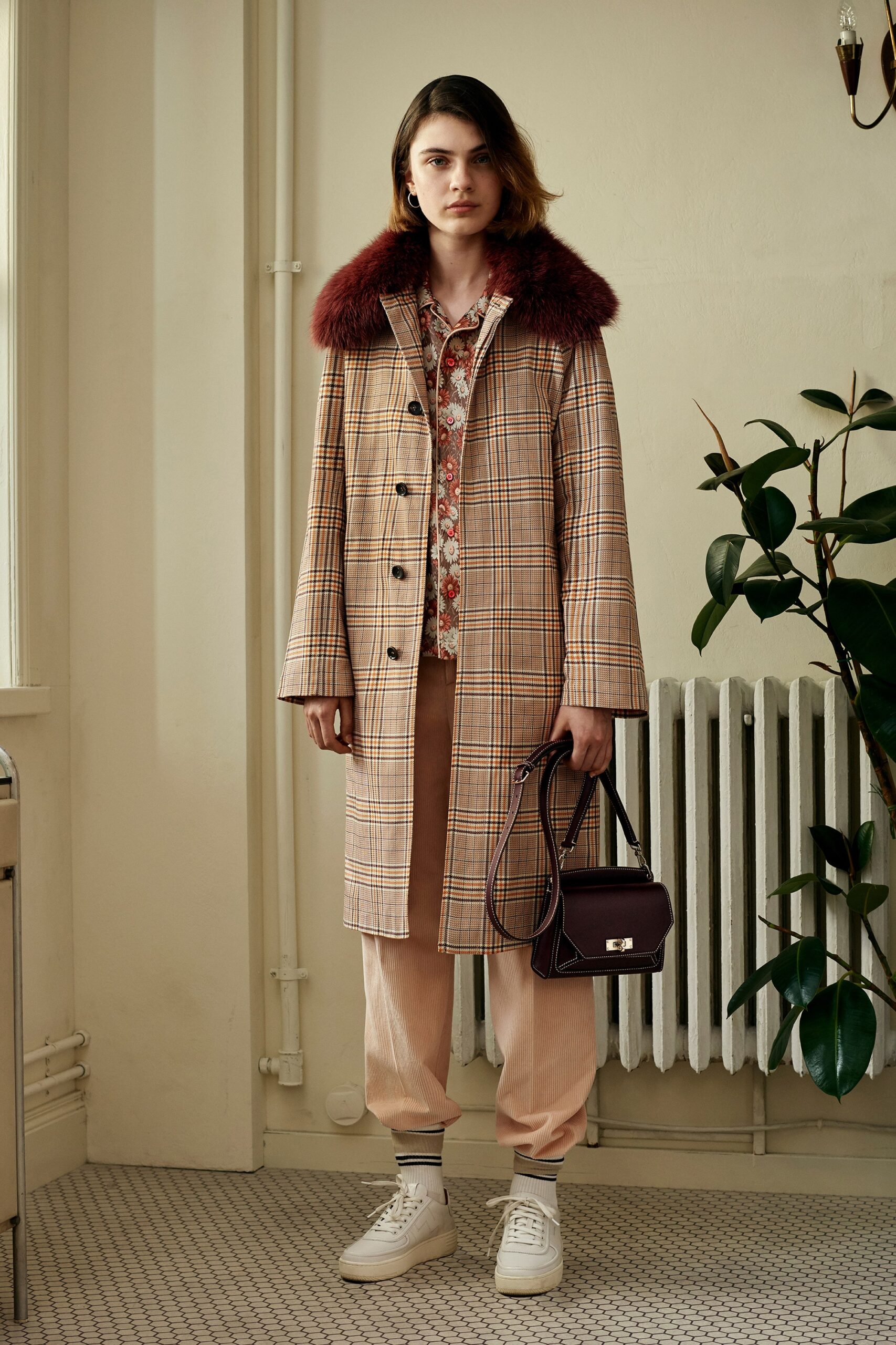 checked wool coat with floral shirt