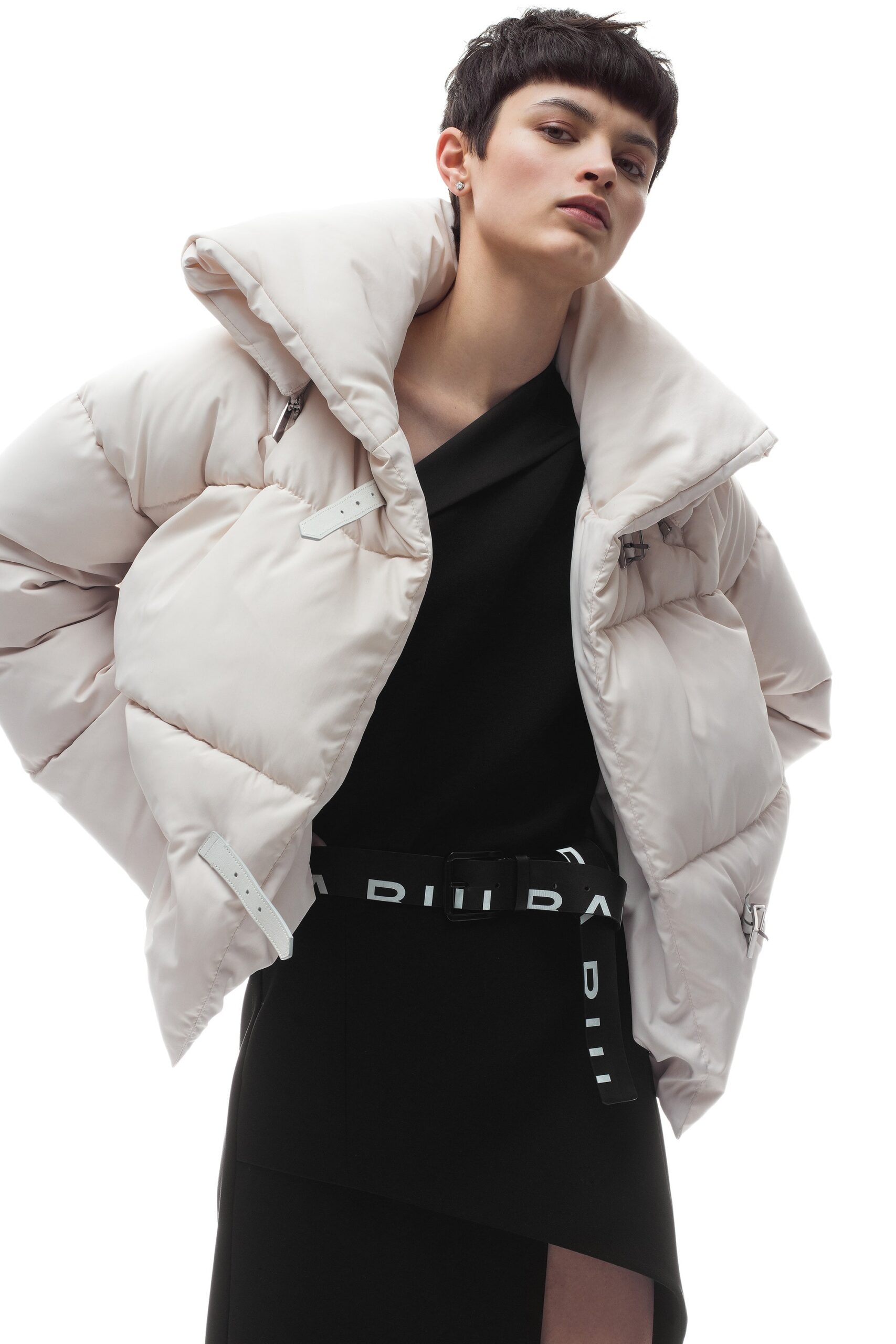 white padded jacket black dress