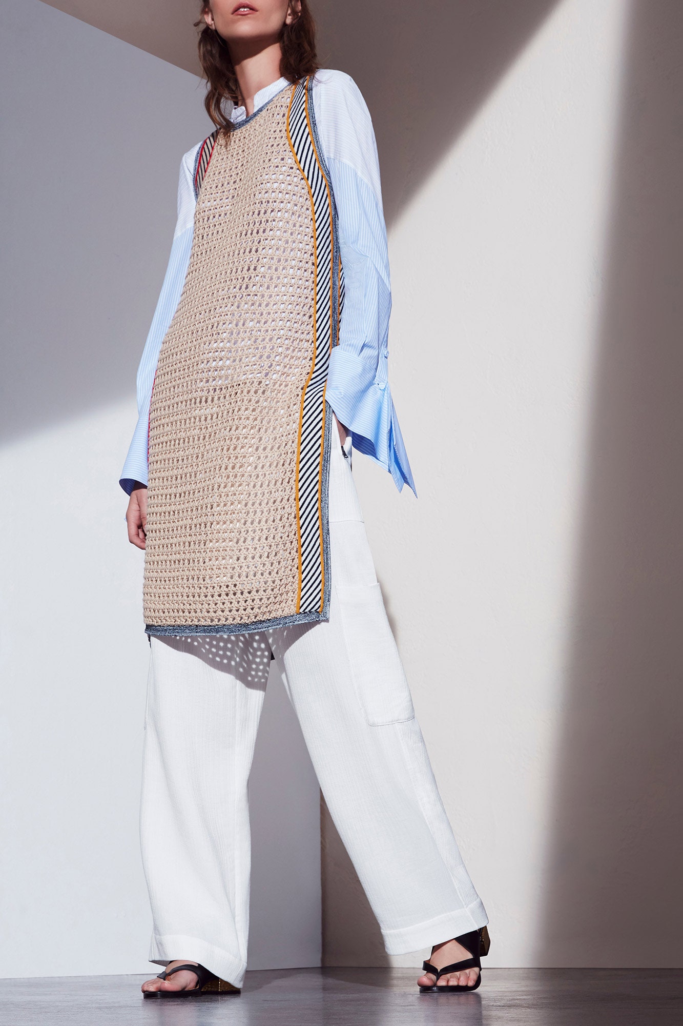 blue collared top with beige dress