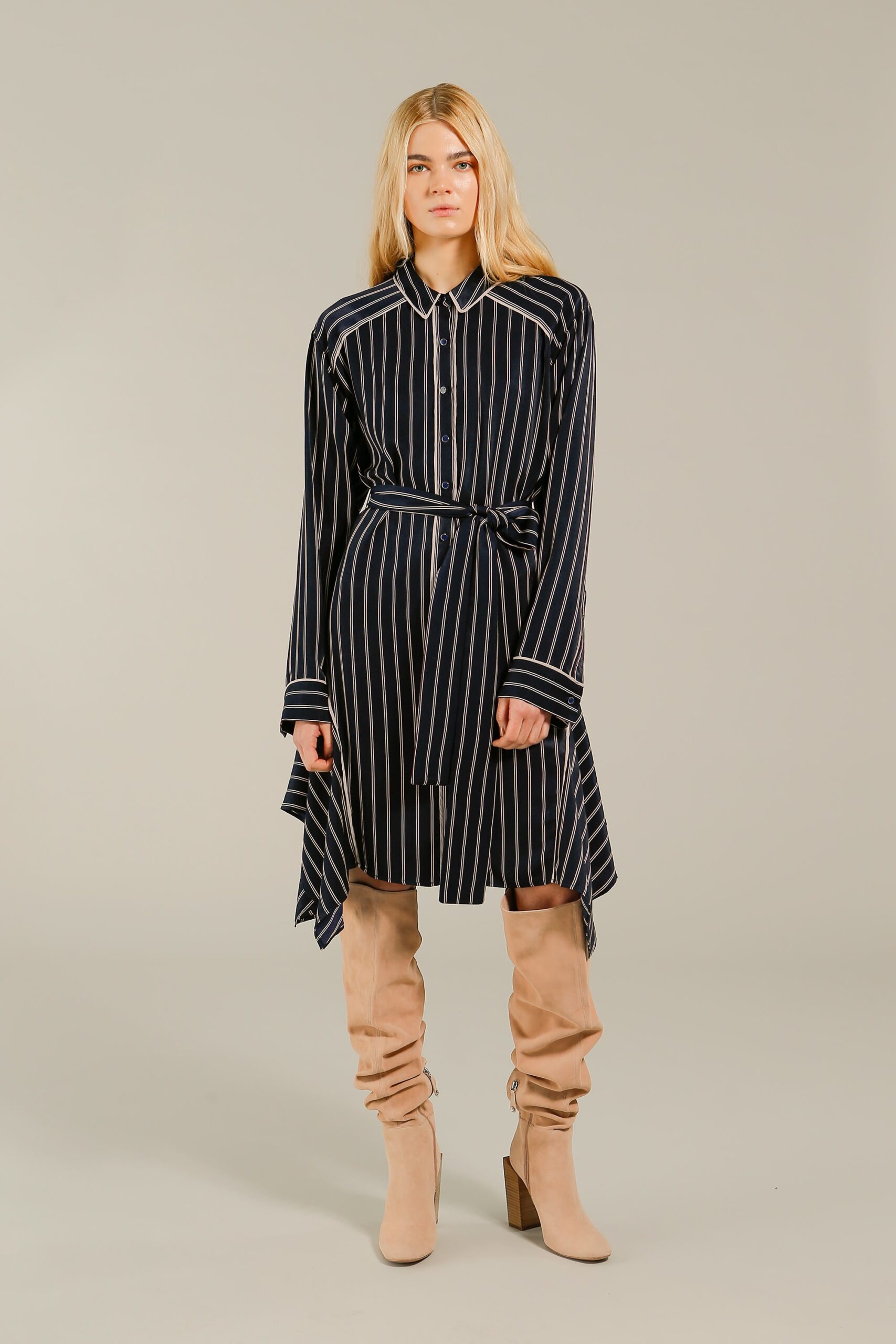 navy and white striped shirt-dress with beige boots