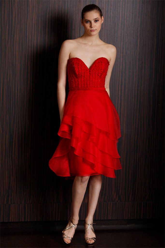 red strapless tiered dress
