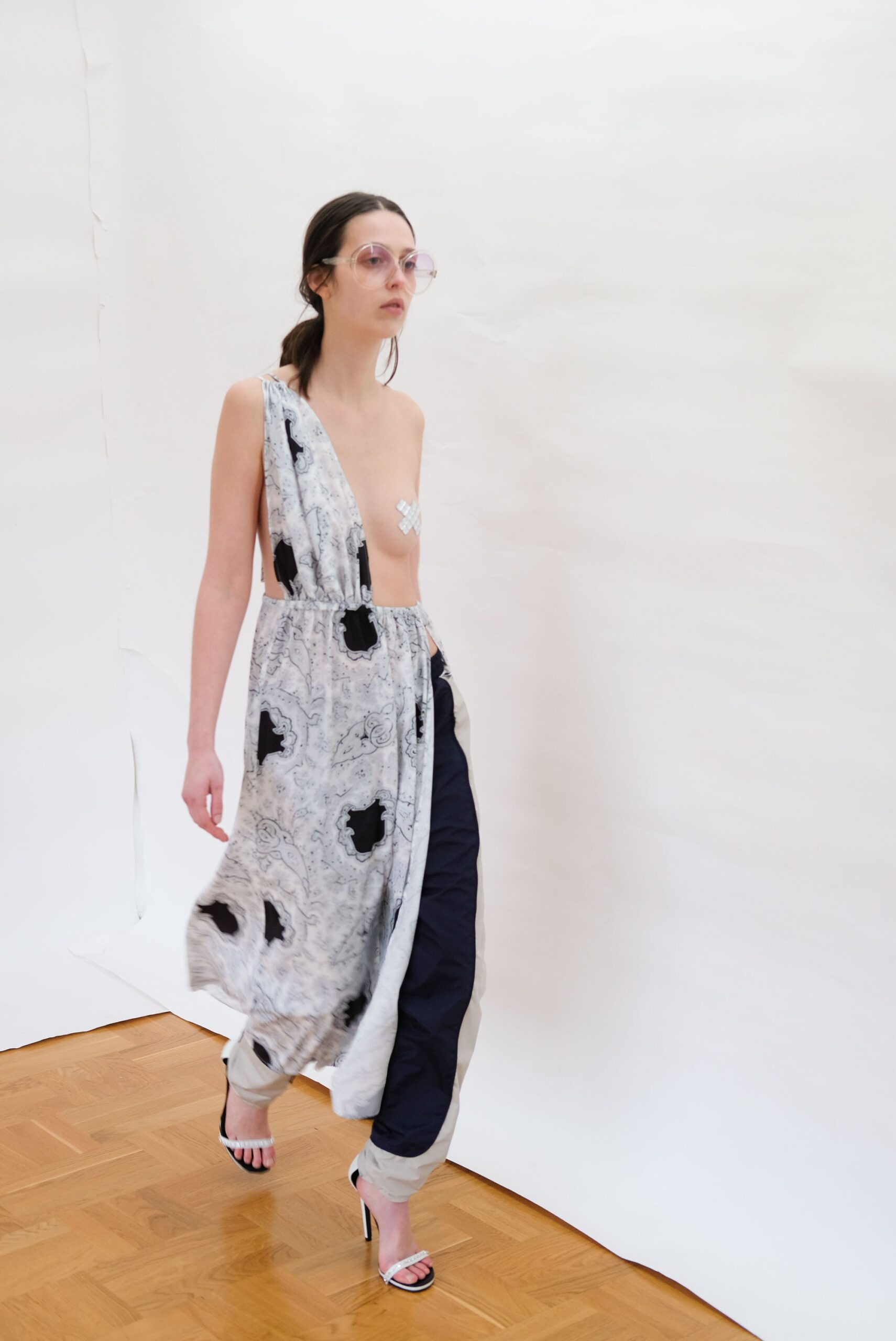 white printed midi dress with navy pants