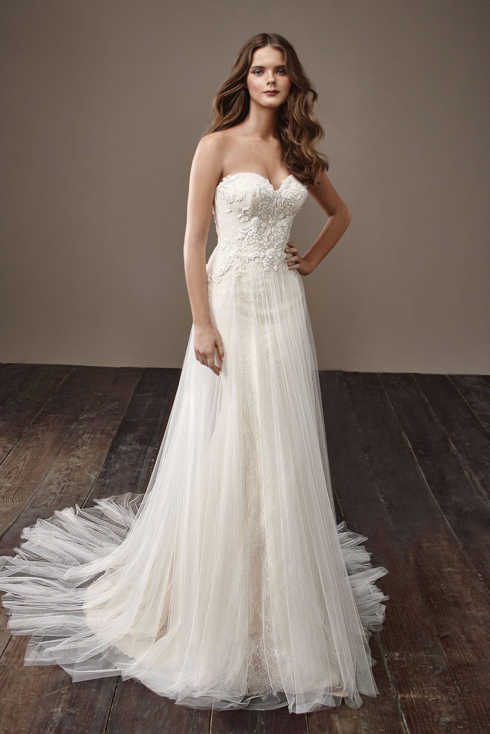 ivory strapless embroidered gown