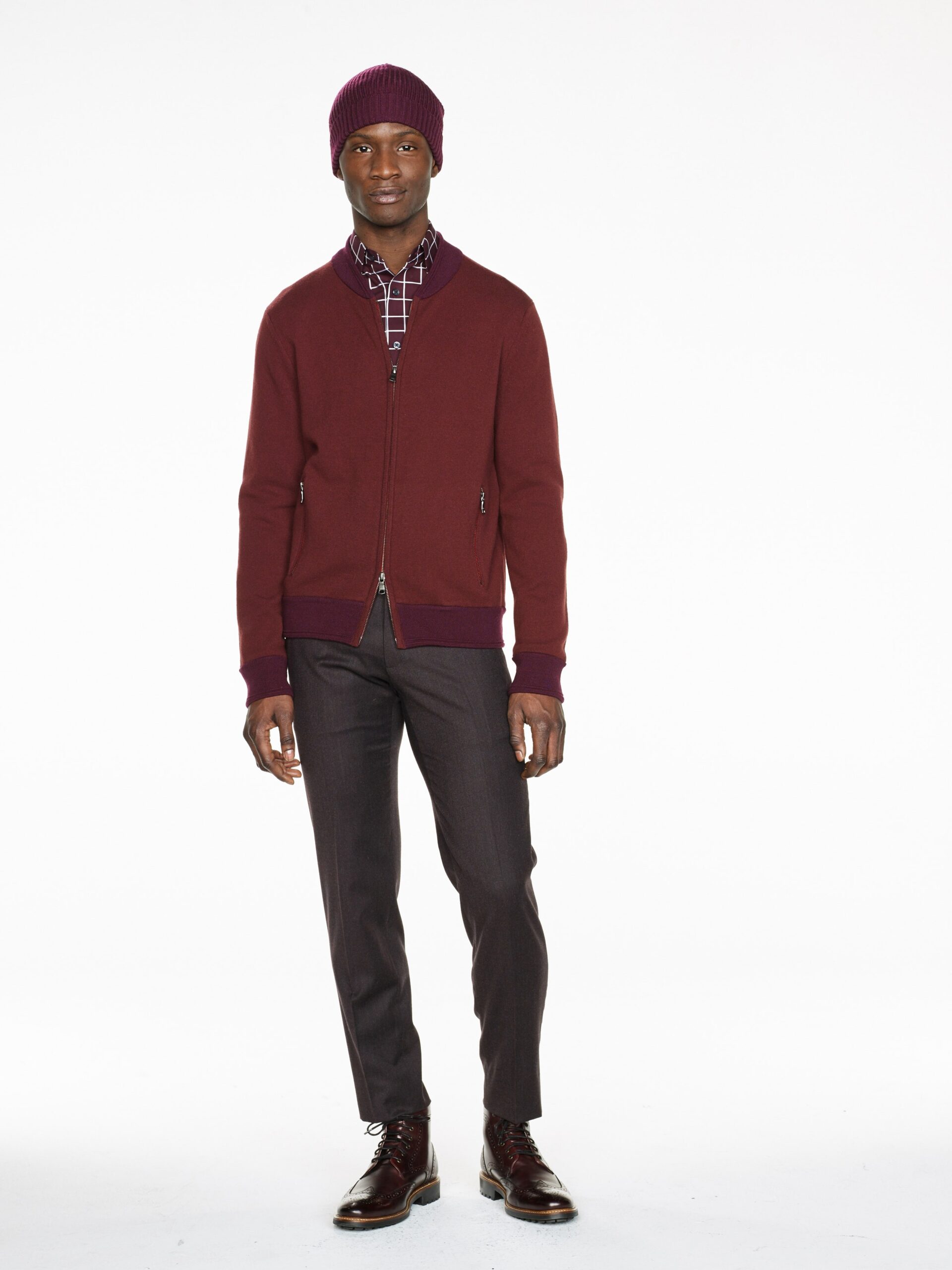 maroon jacket with checked shirt