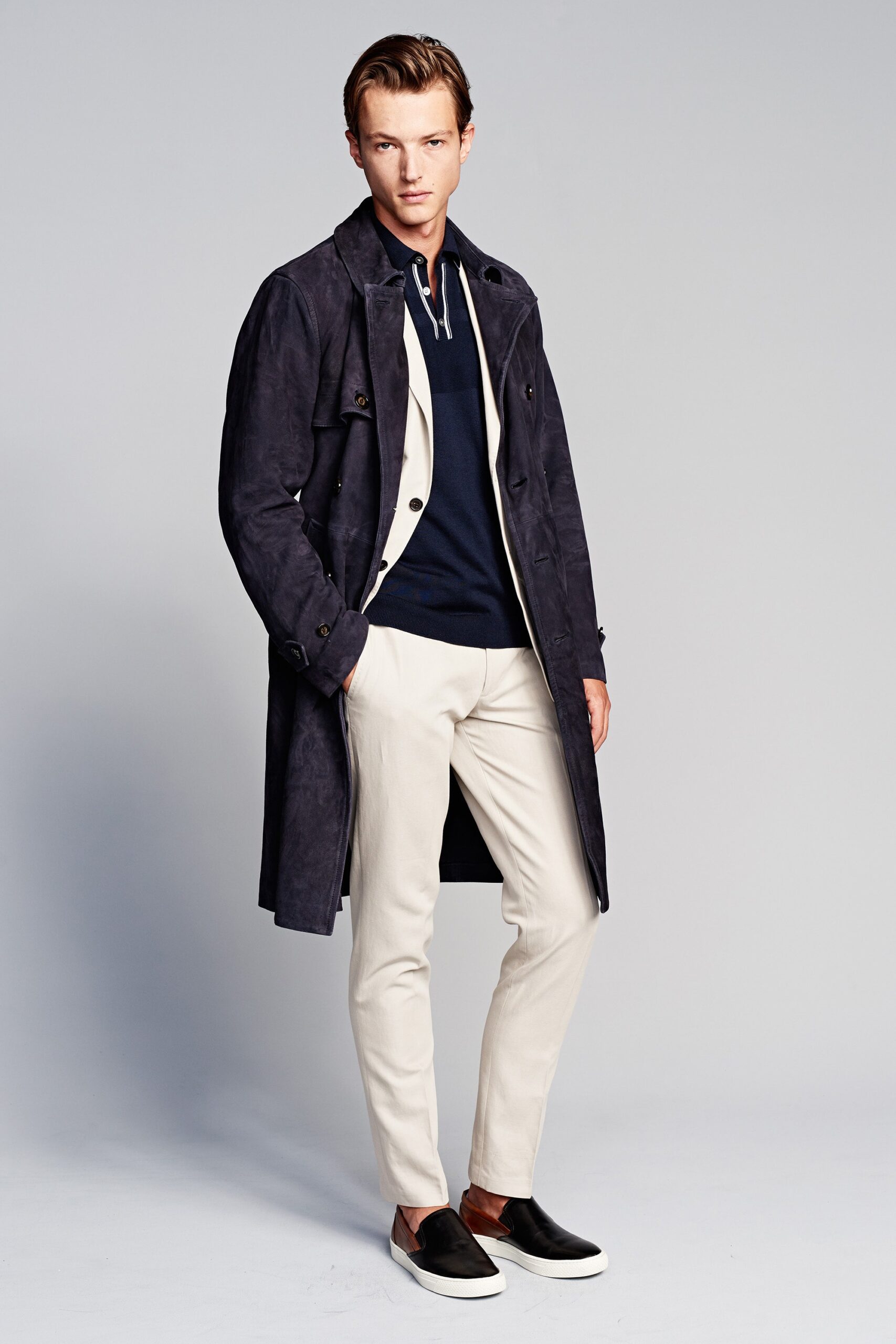 blue suede long-sleeve collared relaxed buttoned trench