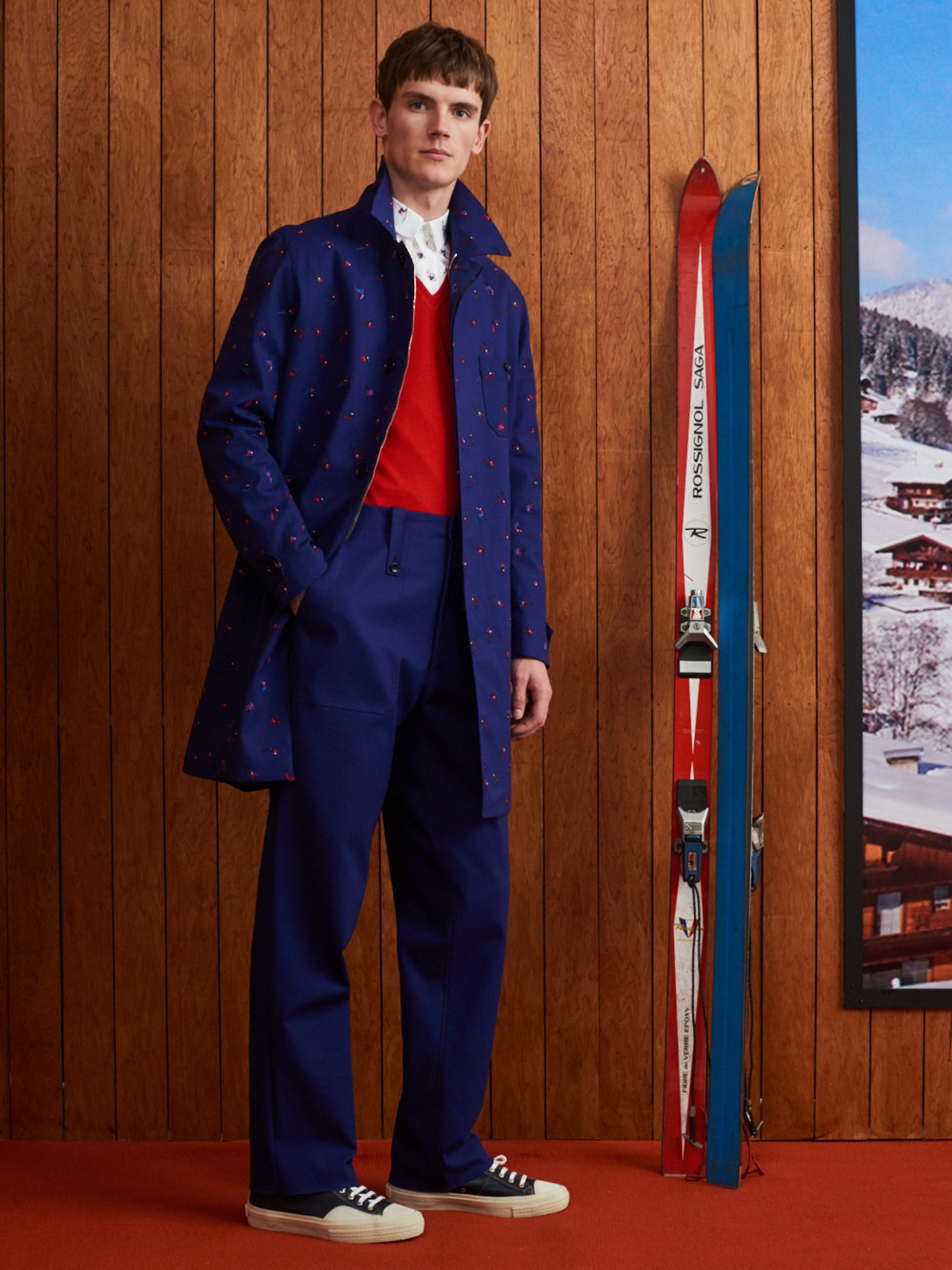 blue coat red sweater tailored pants