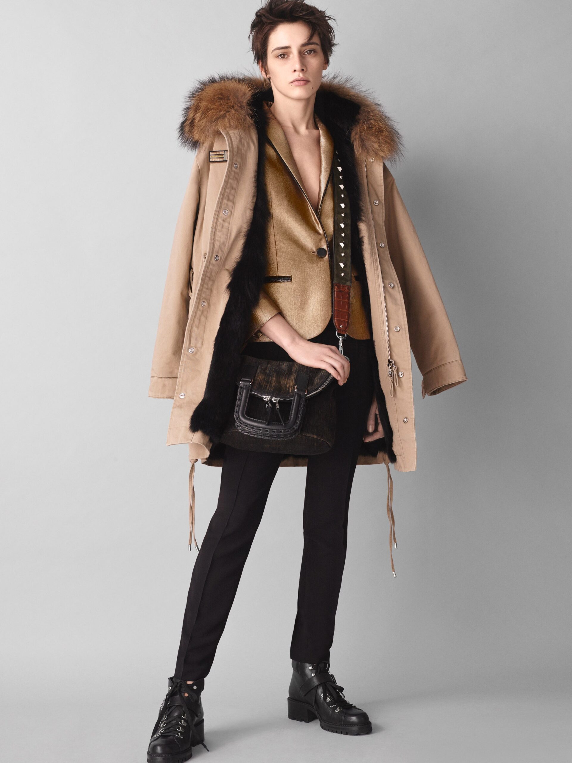 beige parka with gold blazer