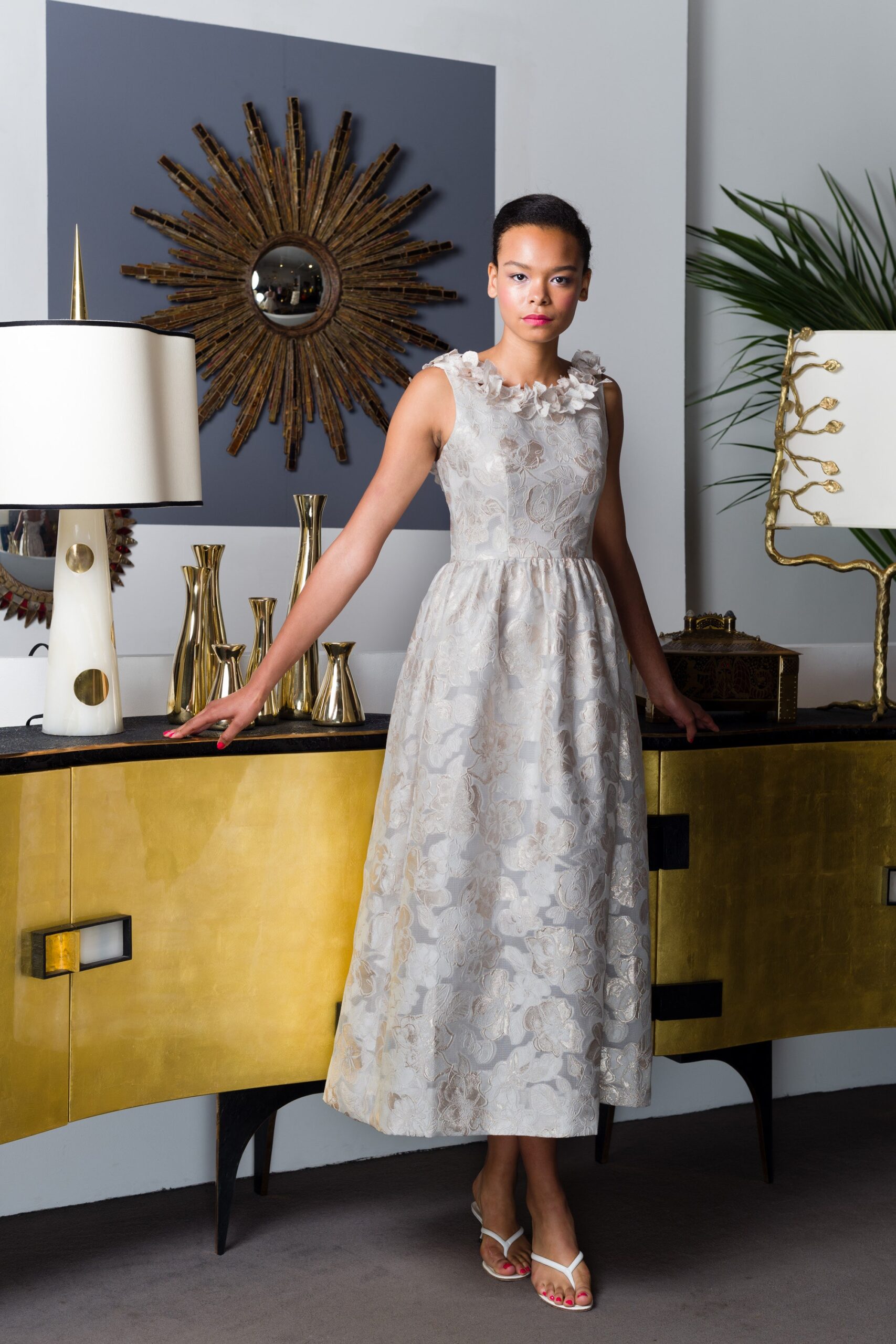 beige silk sleeveless dress