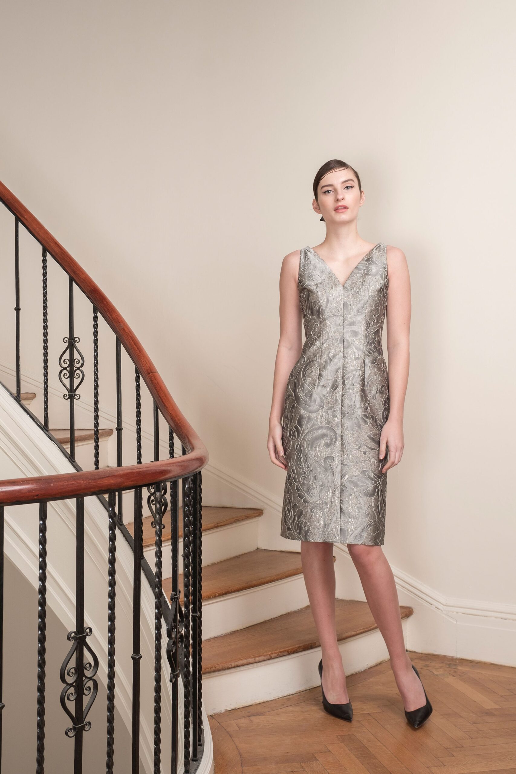gray silk sleeveless dress
