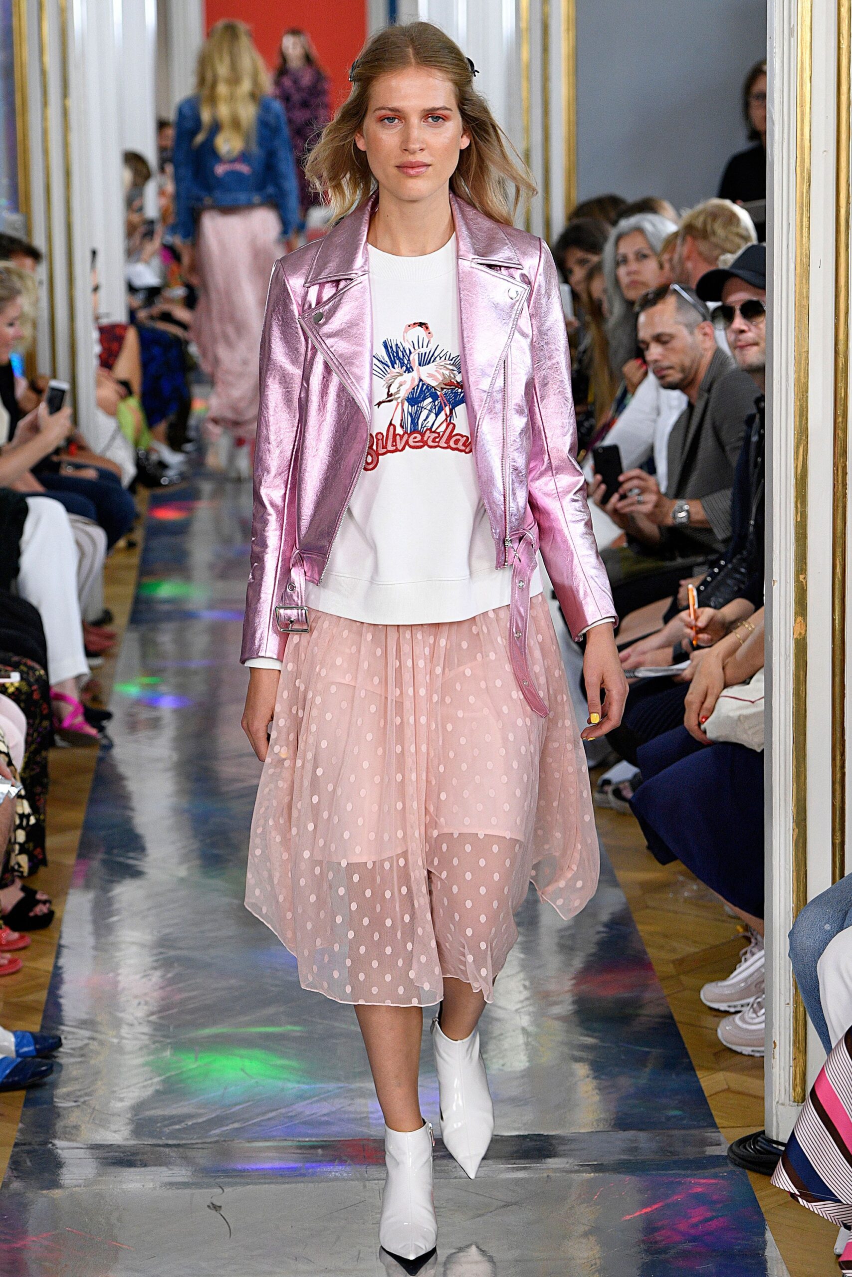 pink metallic jacket with polka-dot skirt