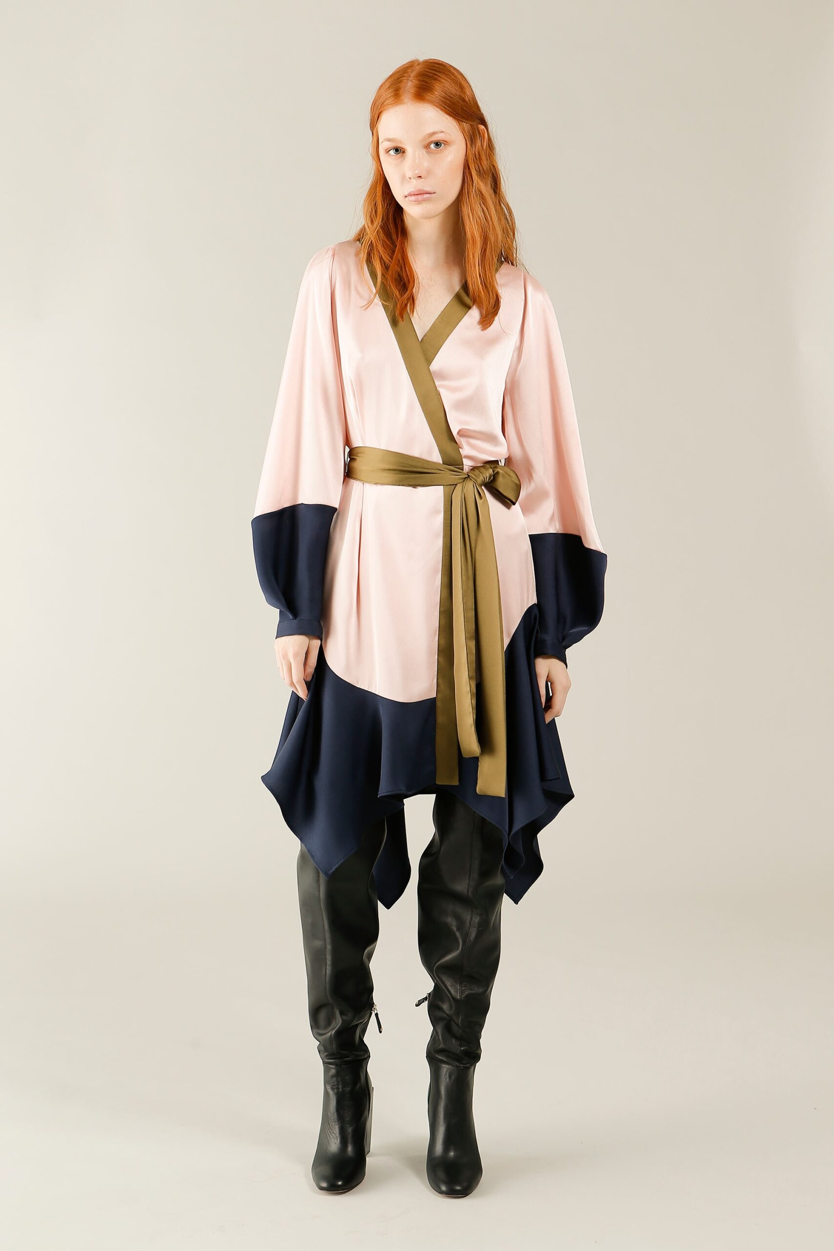 pink and blue asymmetric wrap dress