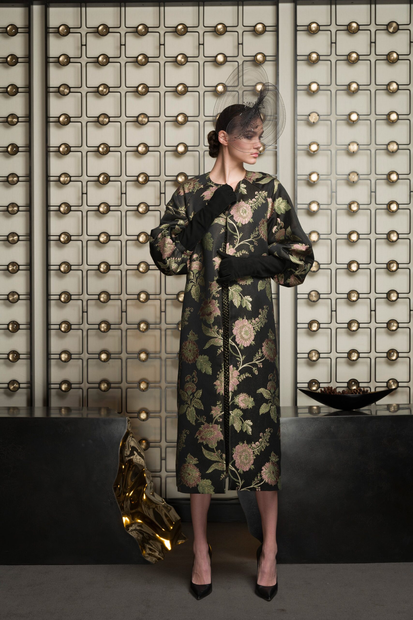 black embroidered silk coat