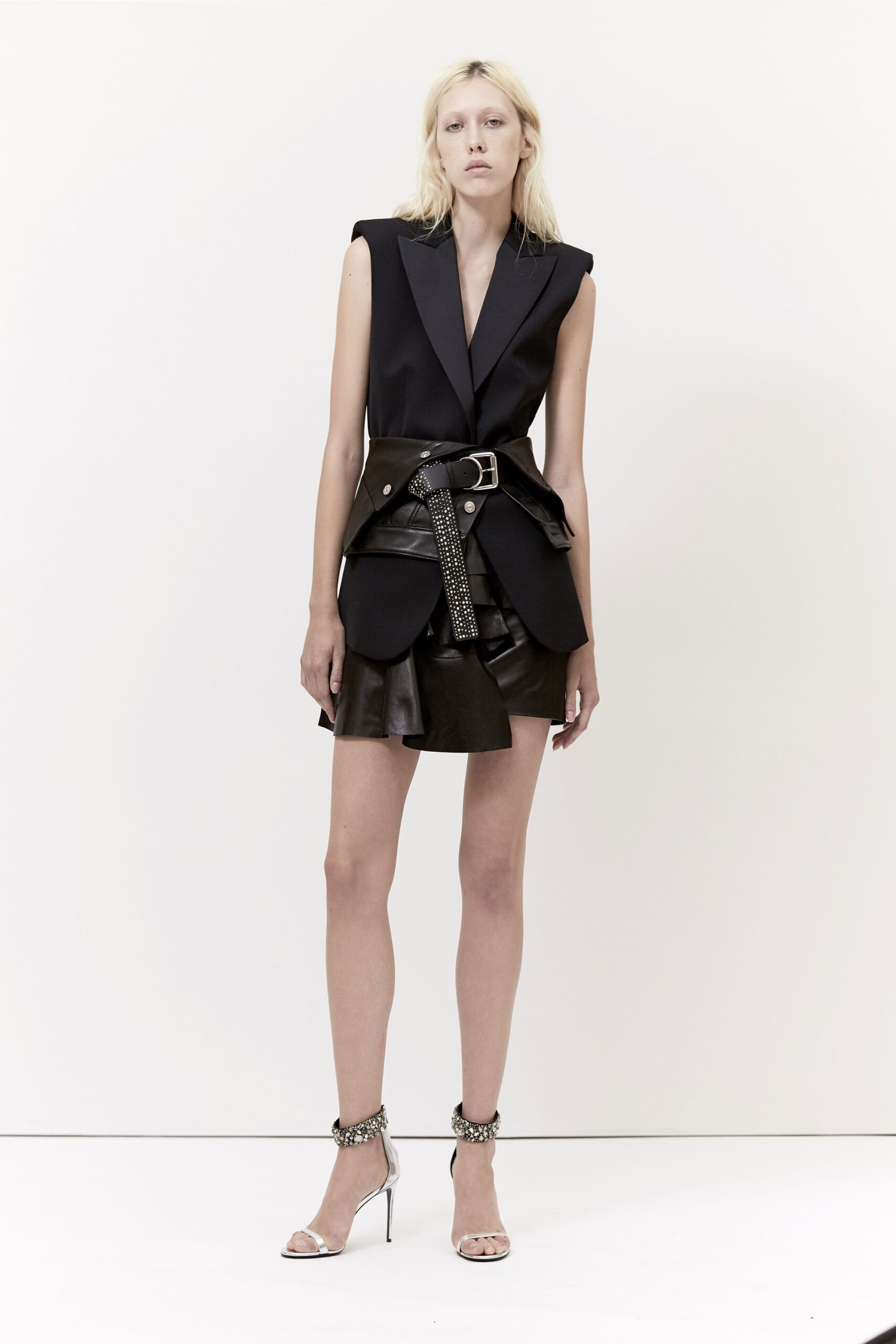 black fitted blazer and mini skirt