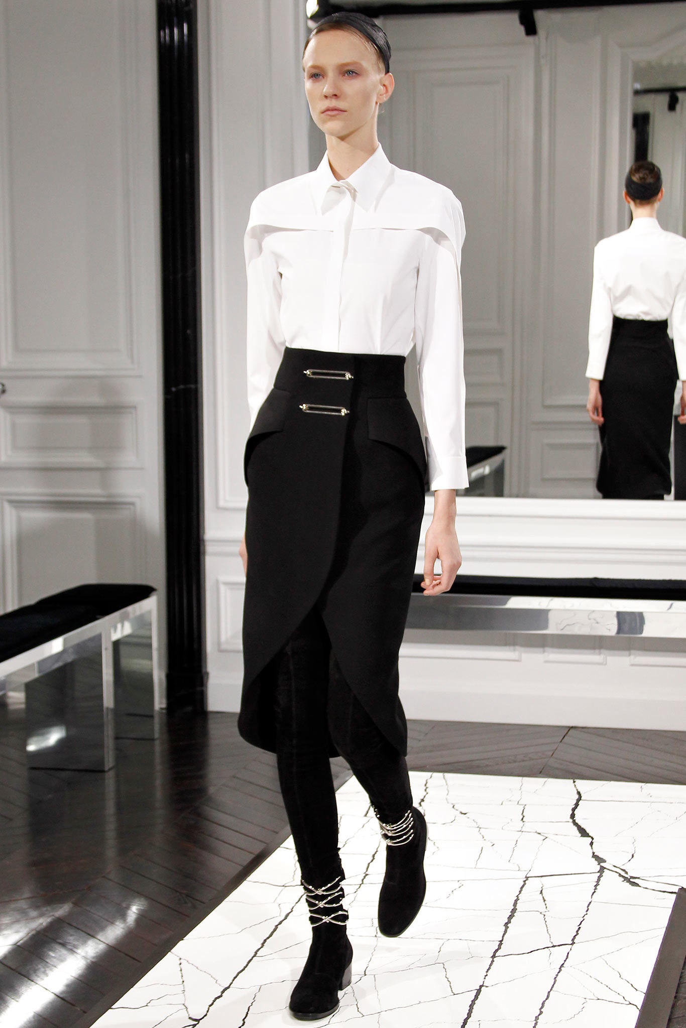 white fitted shirt with black skirt